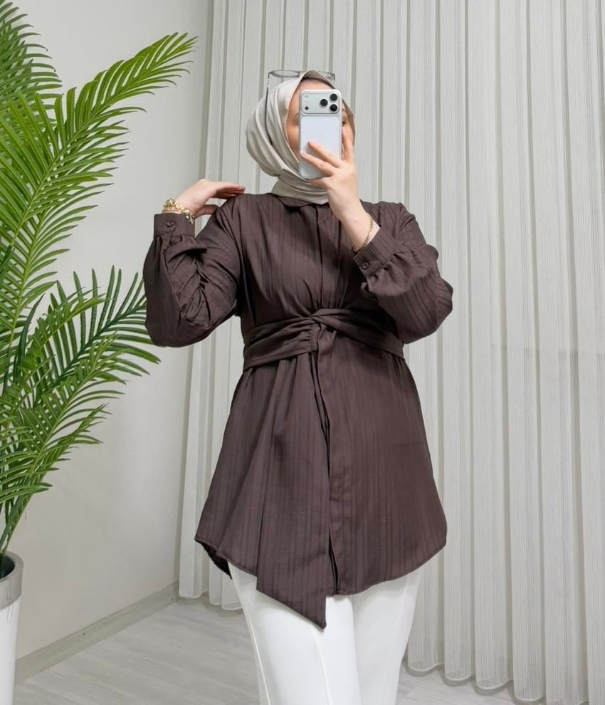 Newshe Standart  Bağlamalı Tunik Kahve (5555)