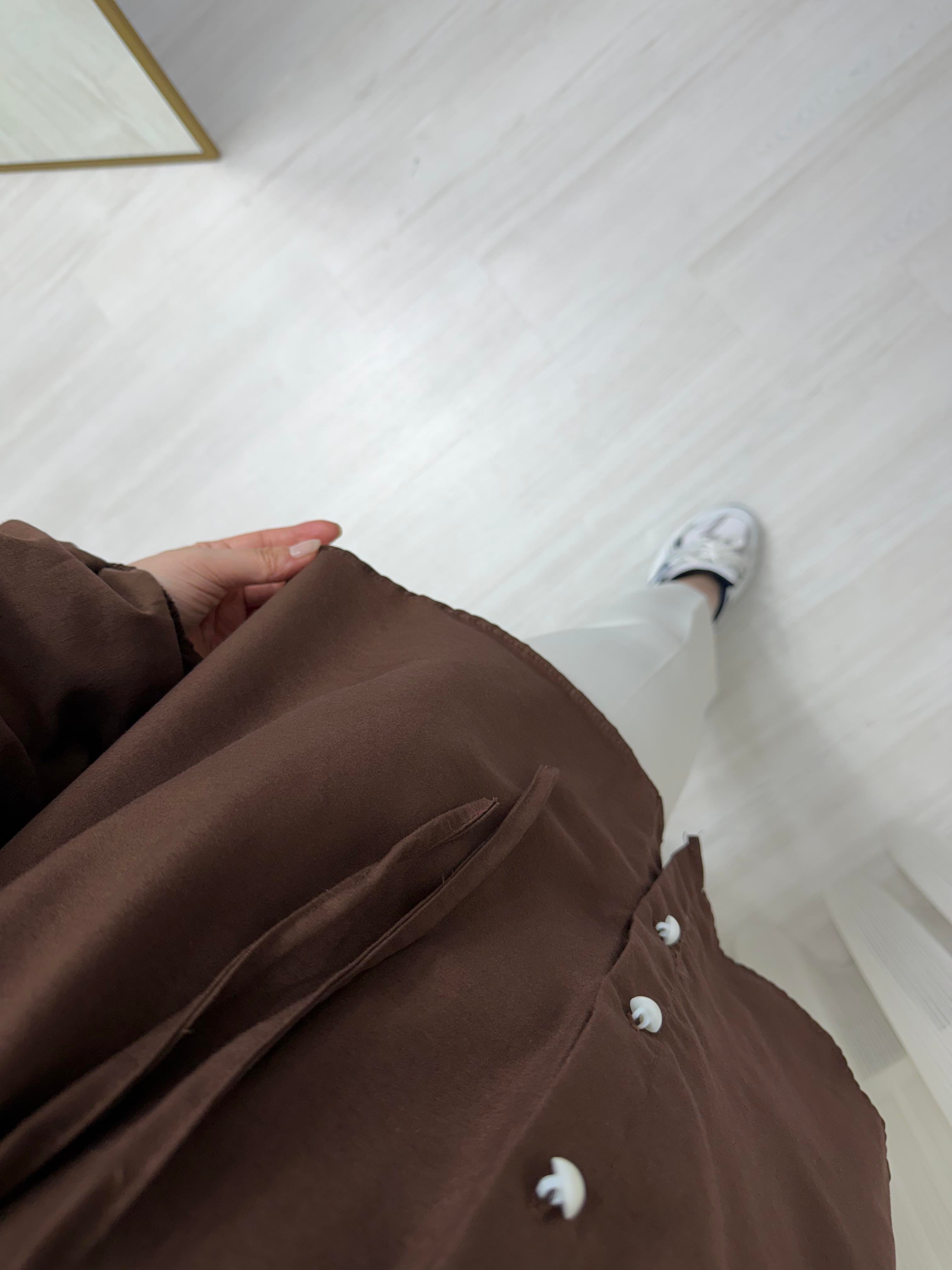 Newshe Terikoton Kumaş Yaka Taşlı Tunik Kahve