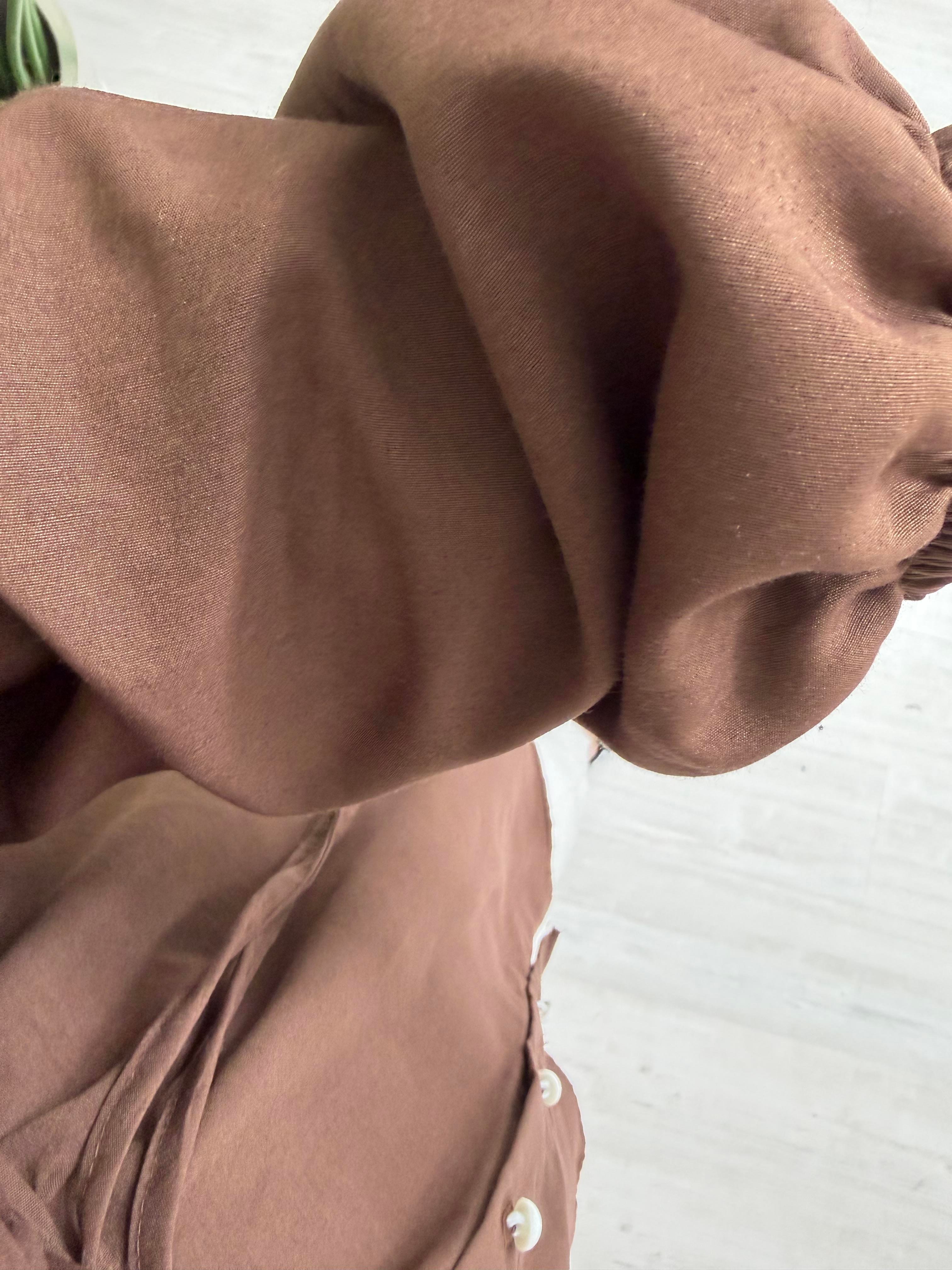 Newshe Terikoton Kumaş Yaka Taşlı Tunik Kahve