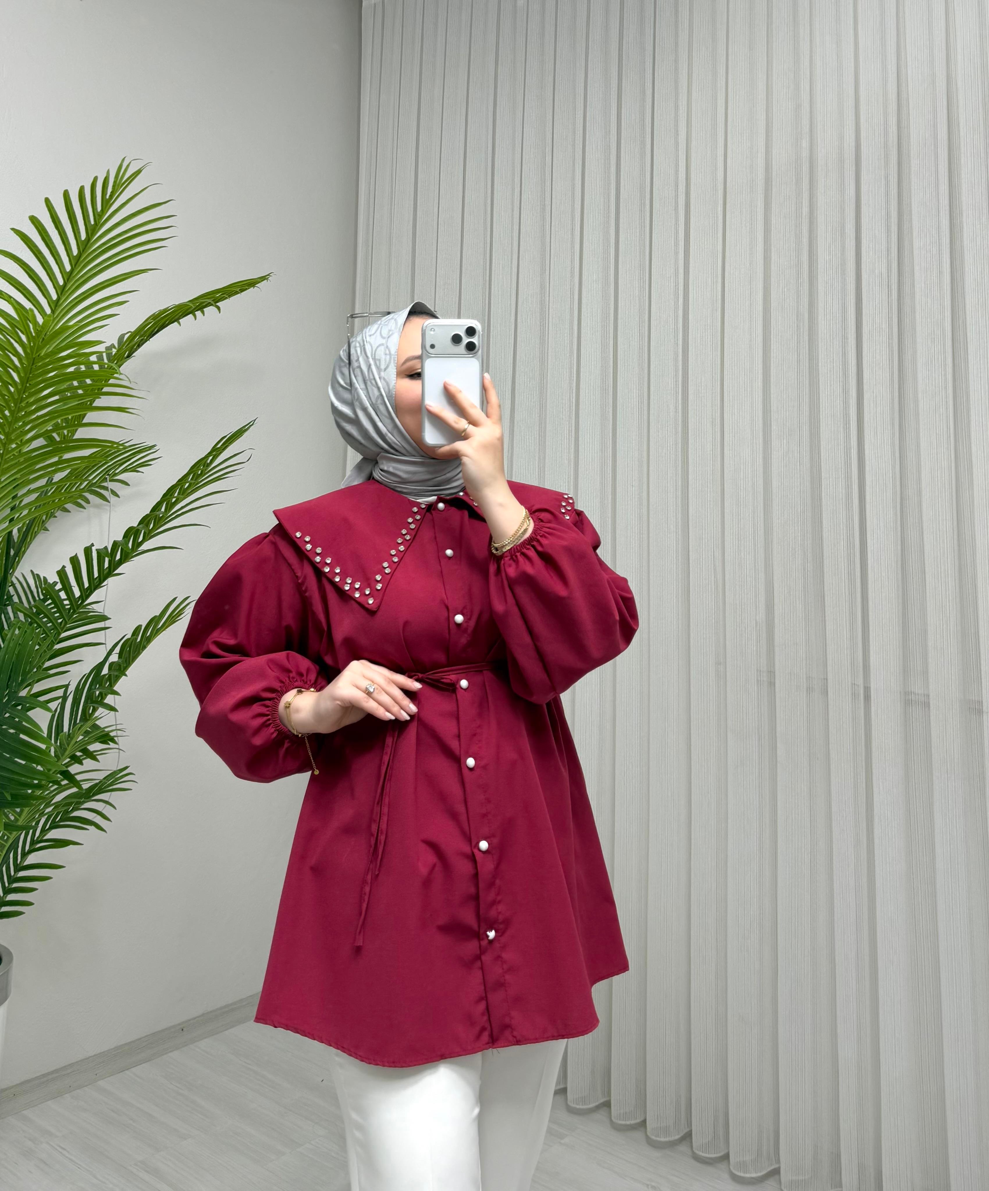 Newshe Terikoton Kumaş Yaka Taşlı Tunik Bordo 