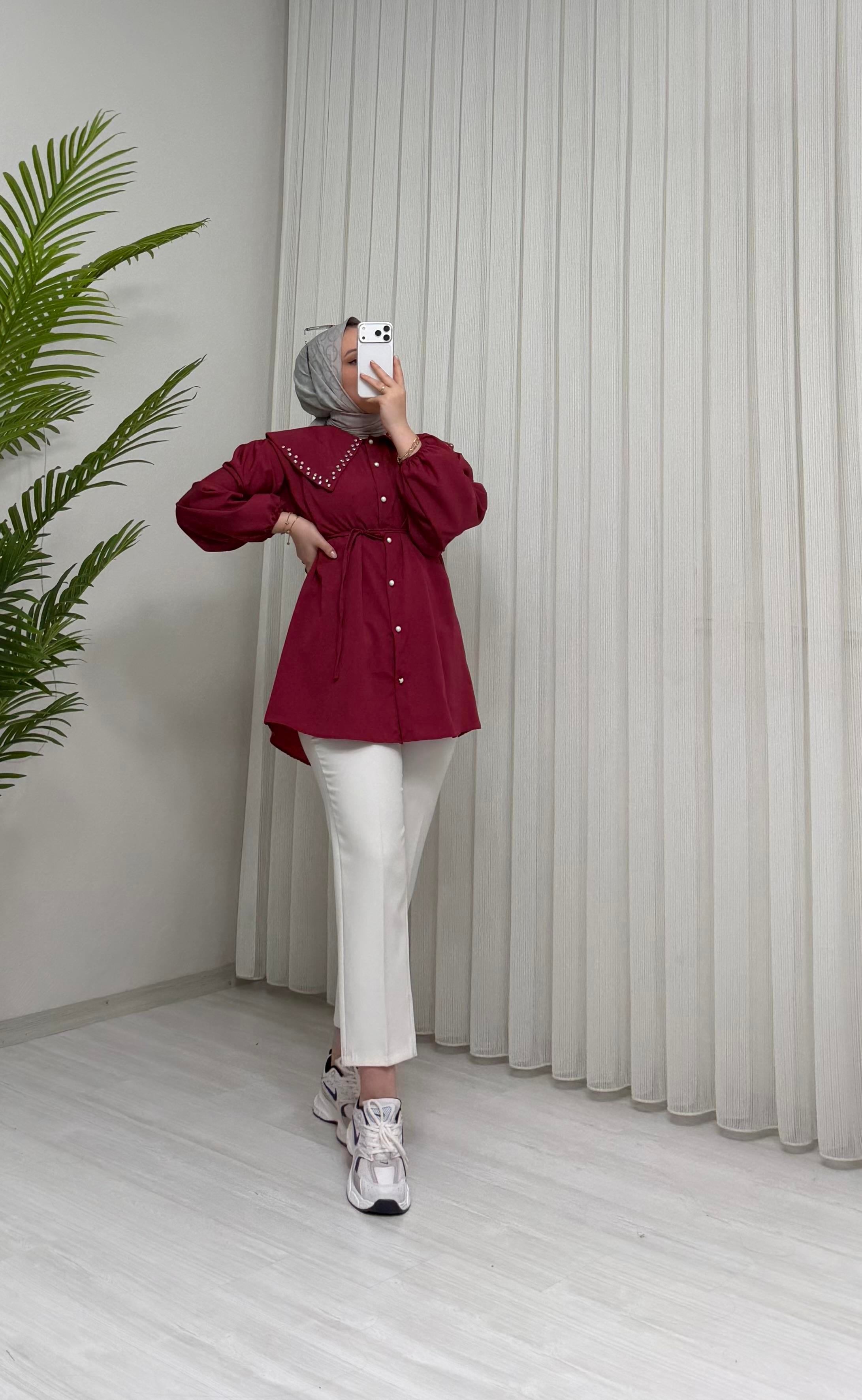 Newshe Terikoton Kumaş Yaka Taşlı Tunik Bordo 