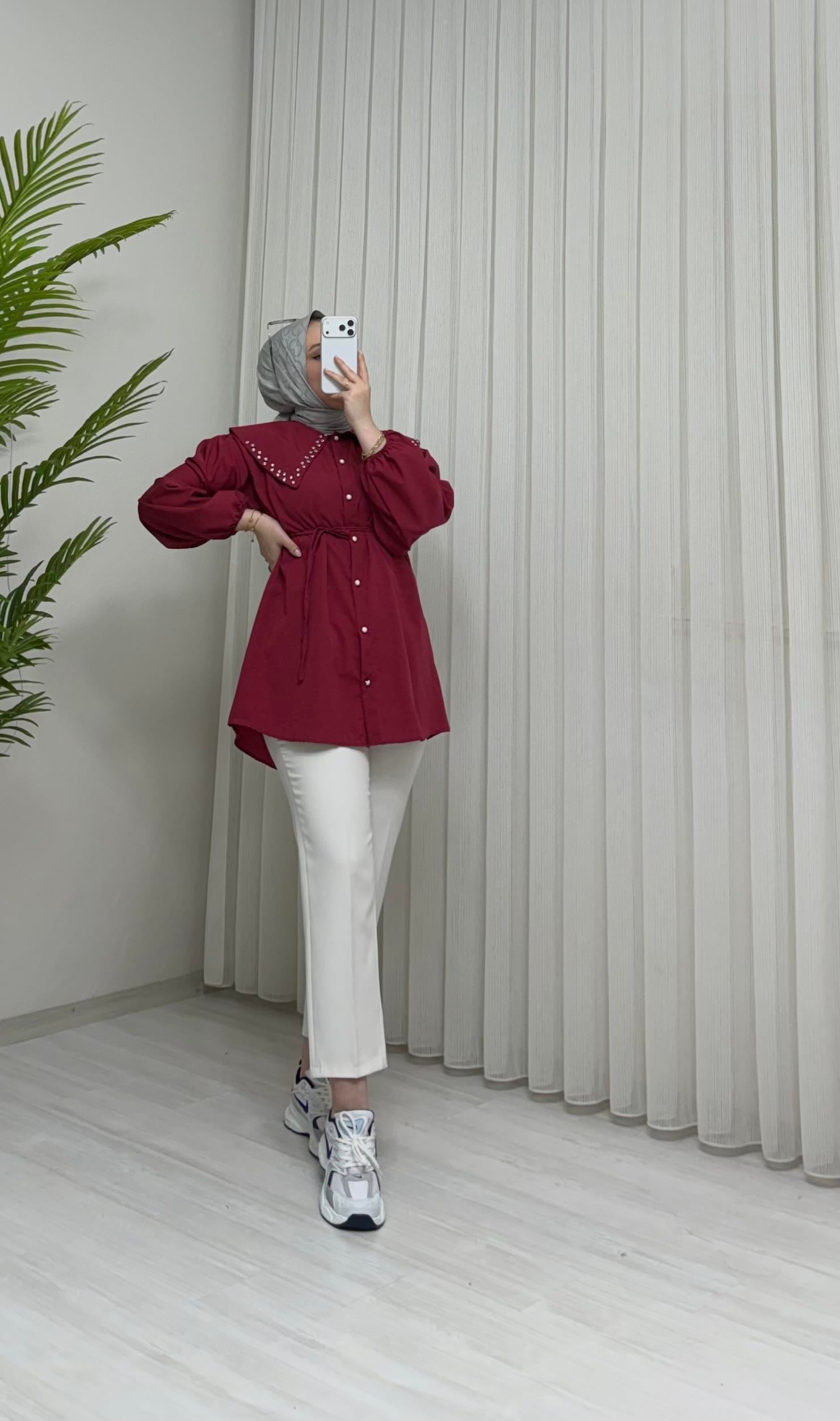 Newshe Terikoton Kumaş Yaka Taşlı Tunik Bordo 