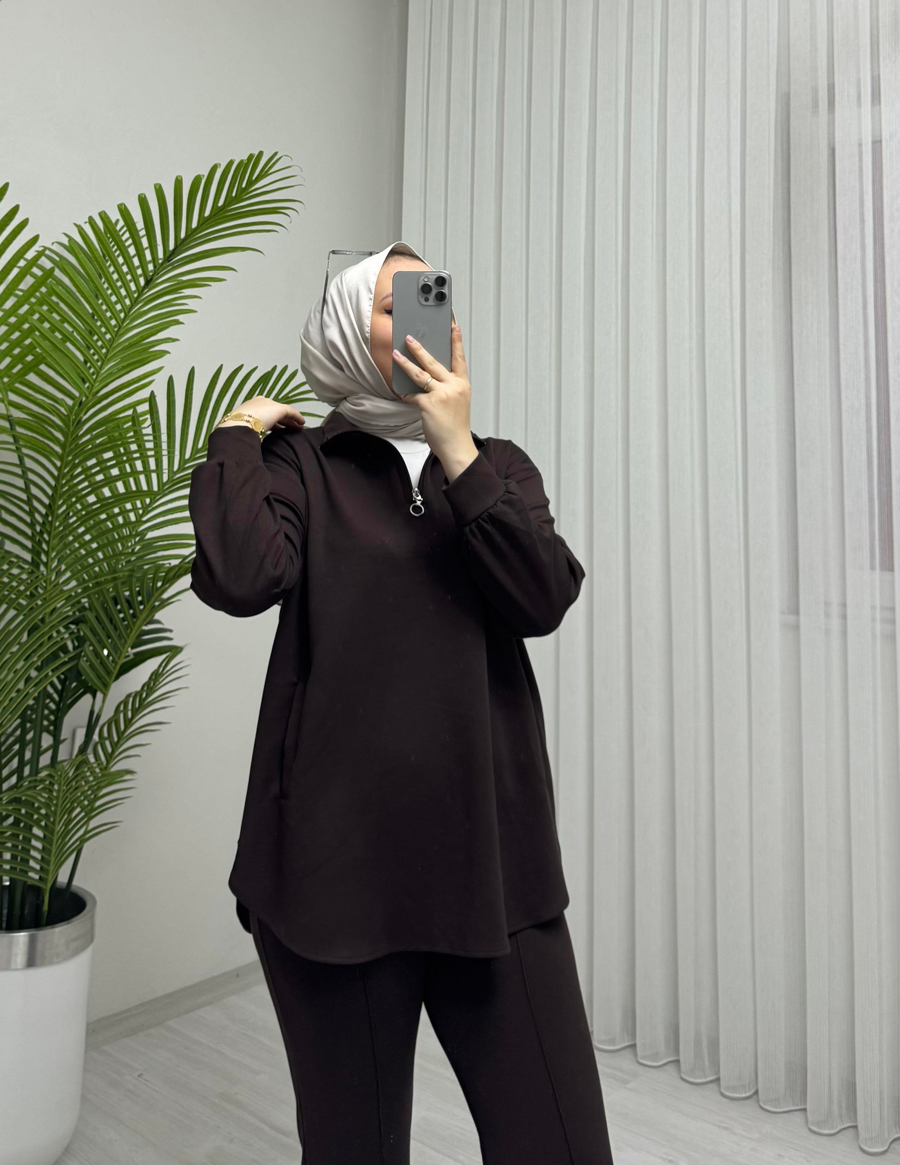 Plise Desing Armalı Takım Kahve