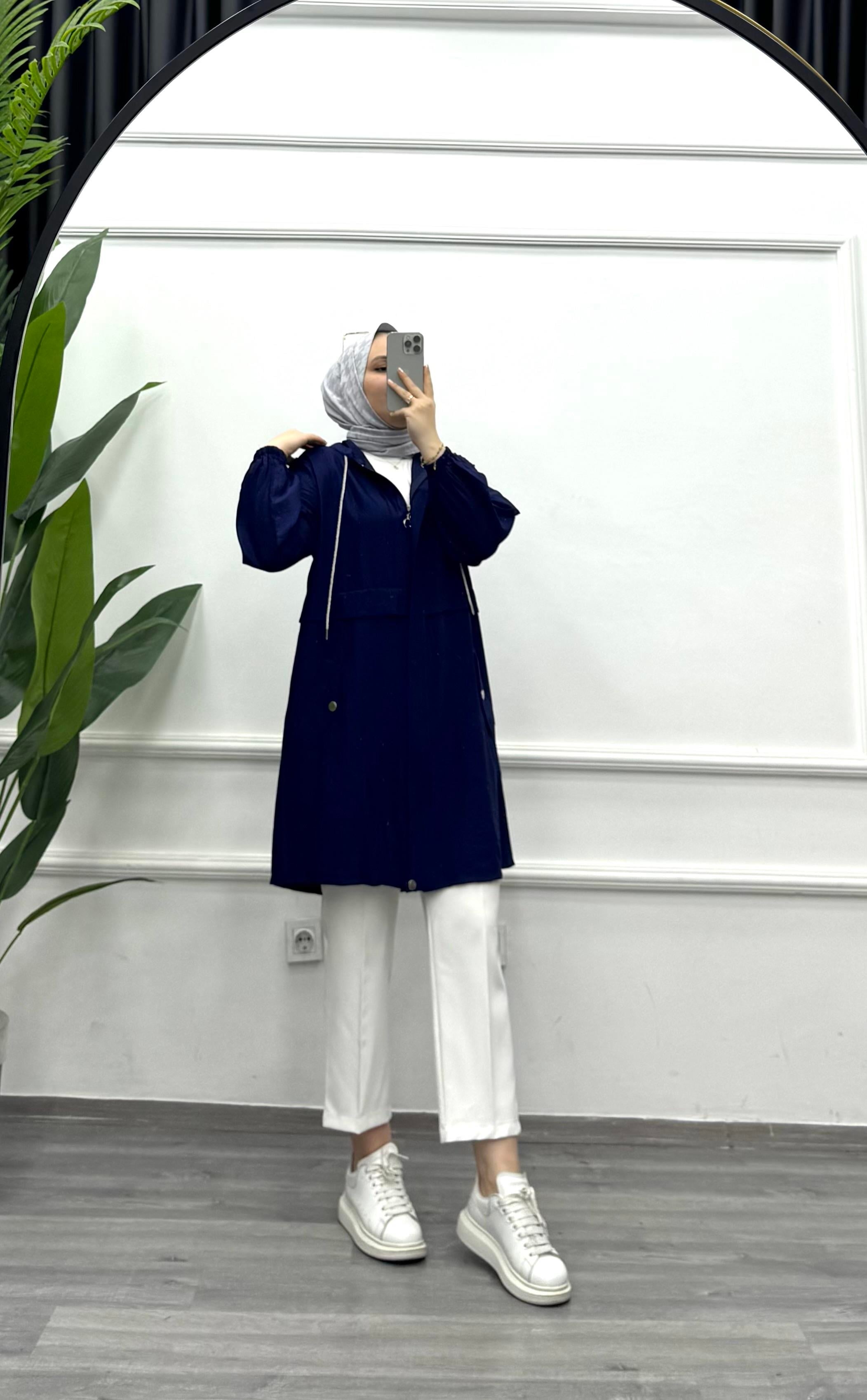 Plise Kapşonlu Kap Lacivert (24215)