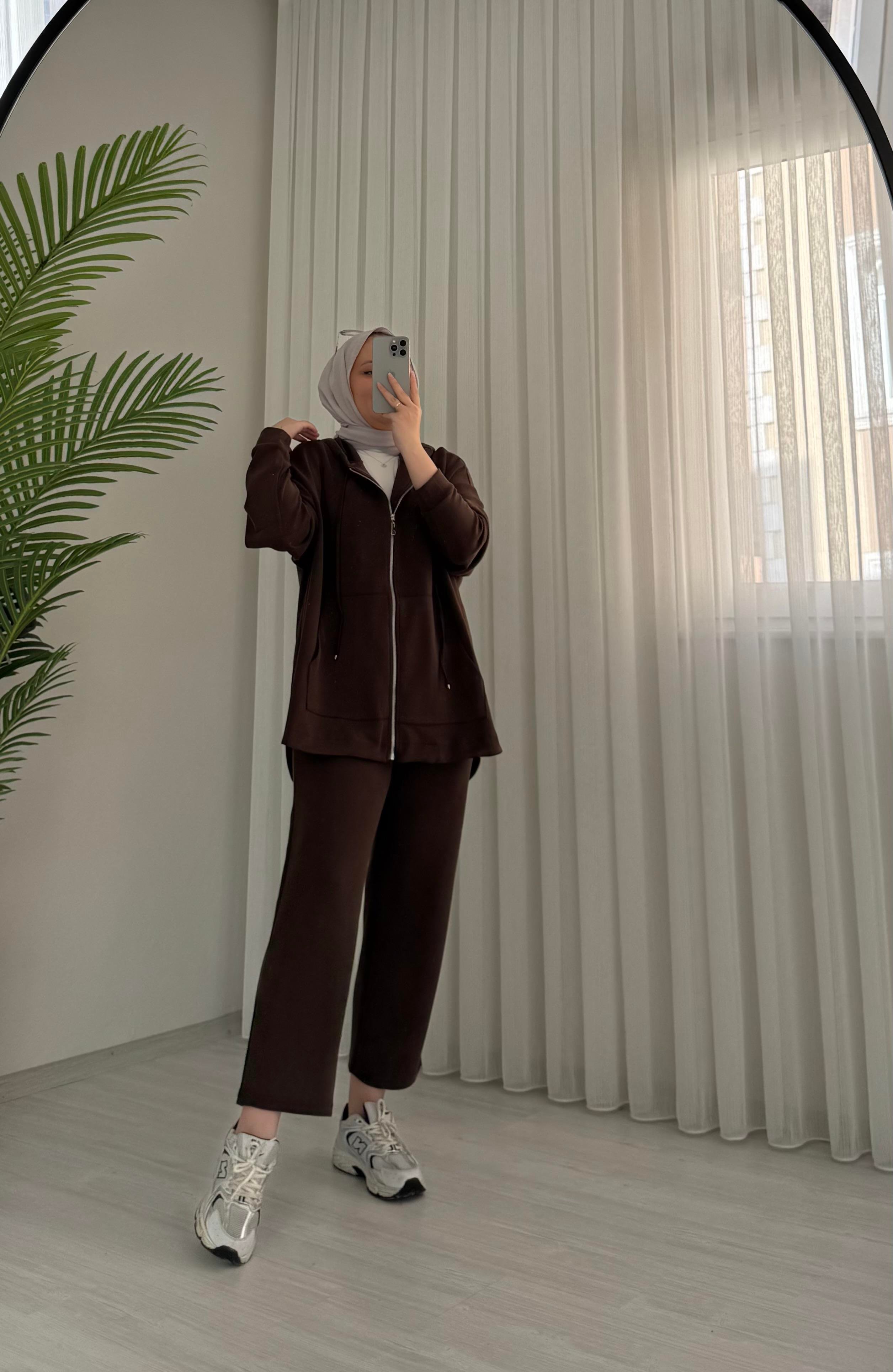 Plise Yeni Takım Kapşonlu Kahve