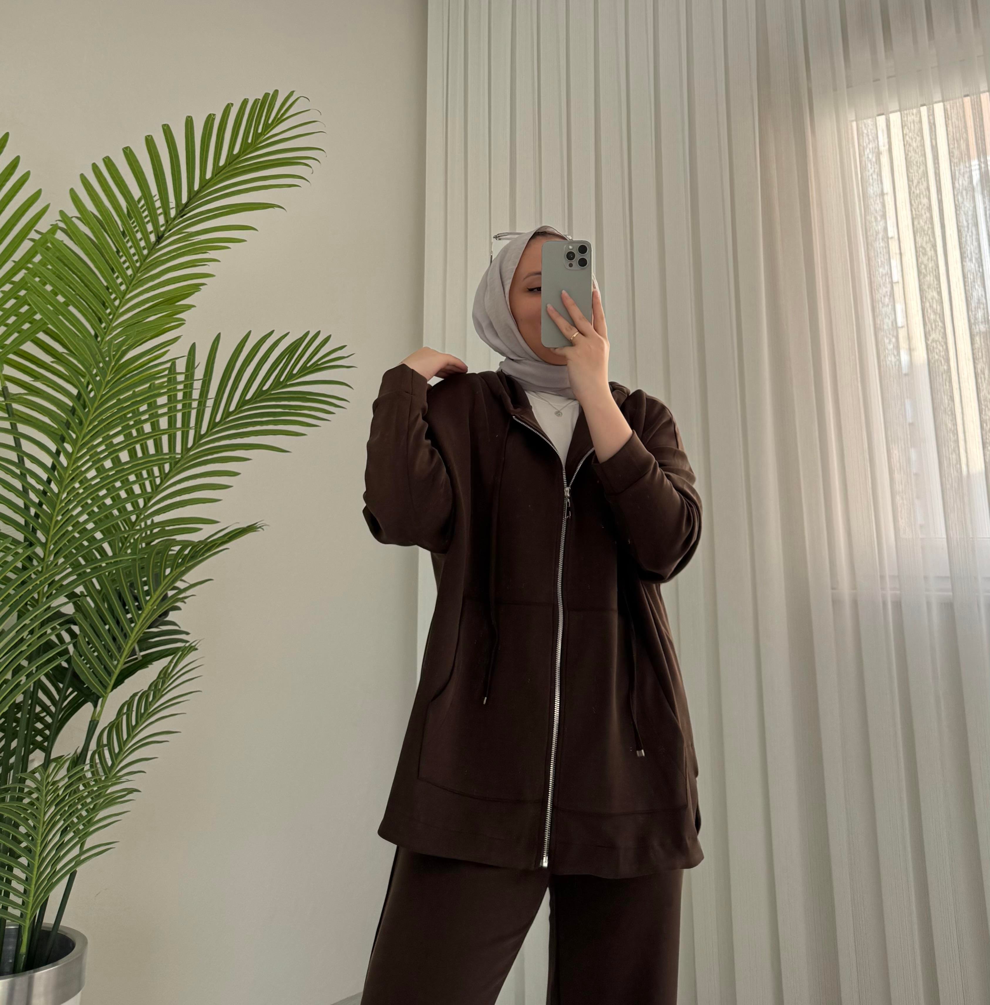 Plise Yeni Takım Kapşonlu Kahve