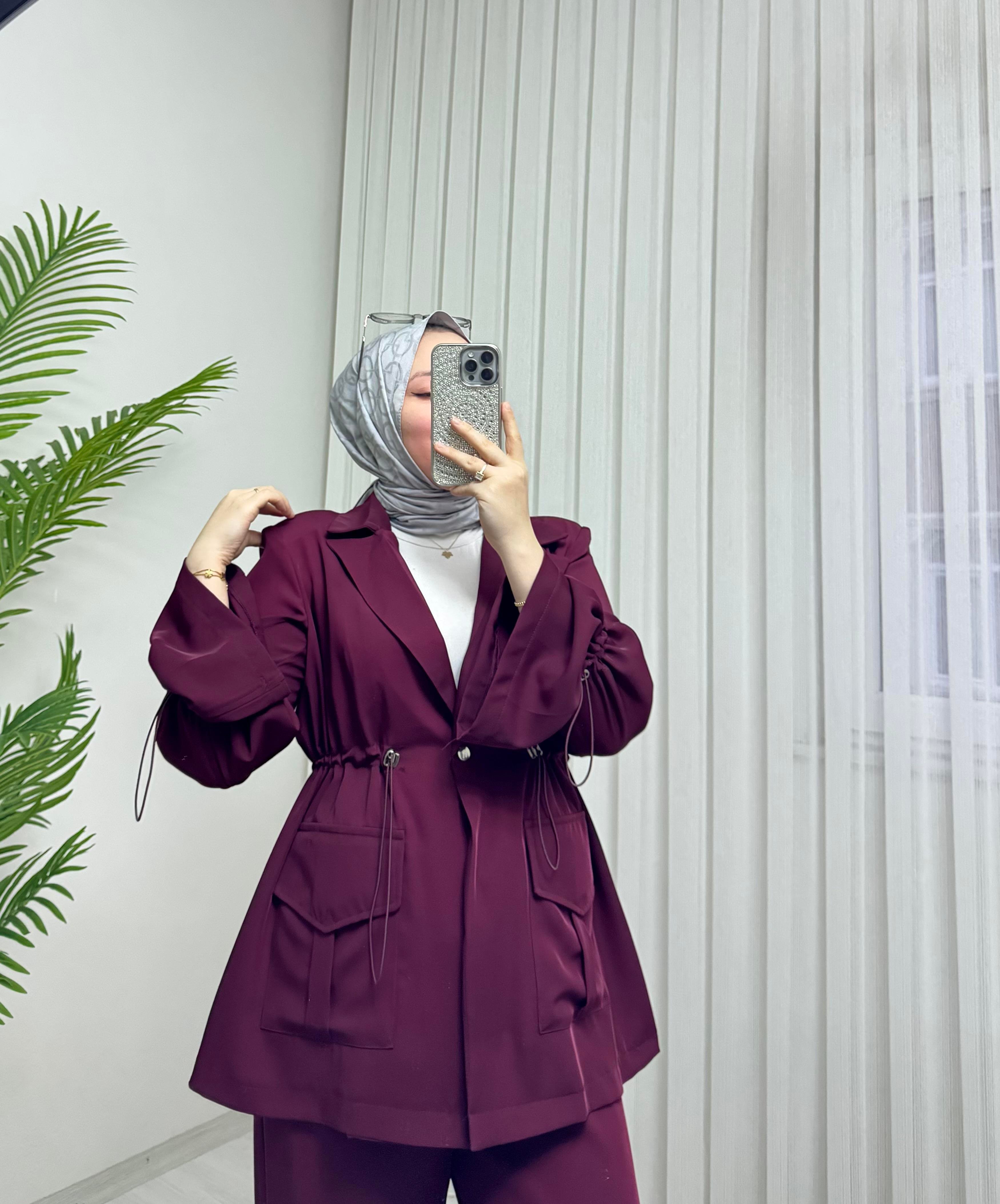 Poli Adriyana Kumaş Çıtlı Takım Bordo 
