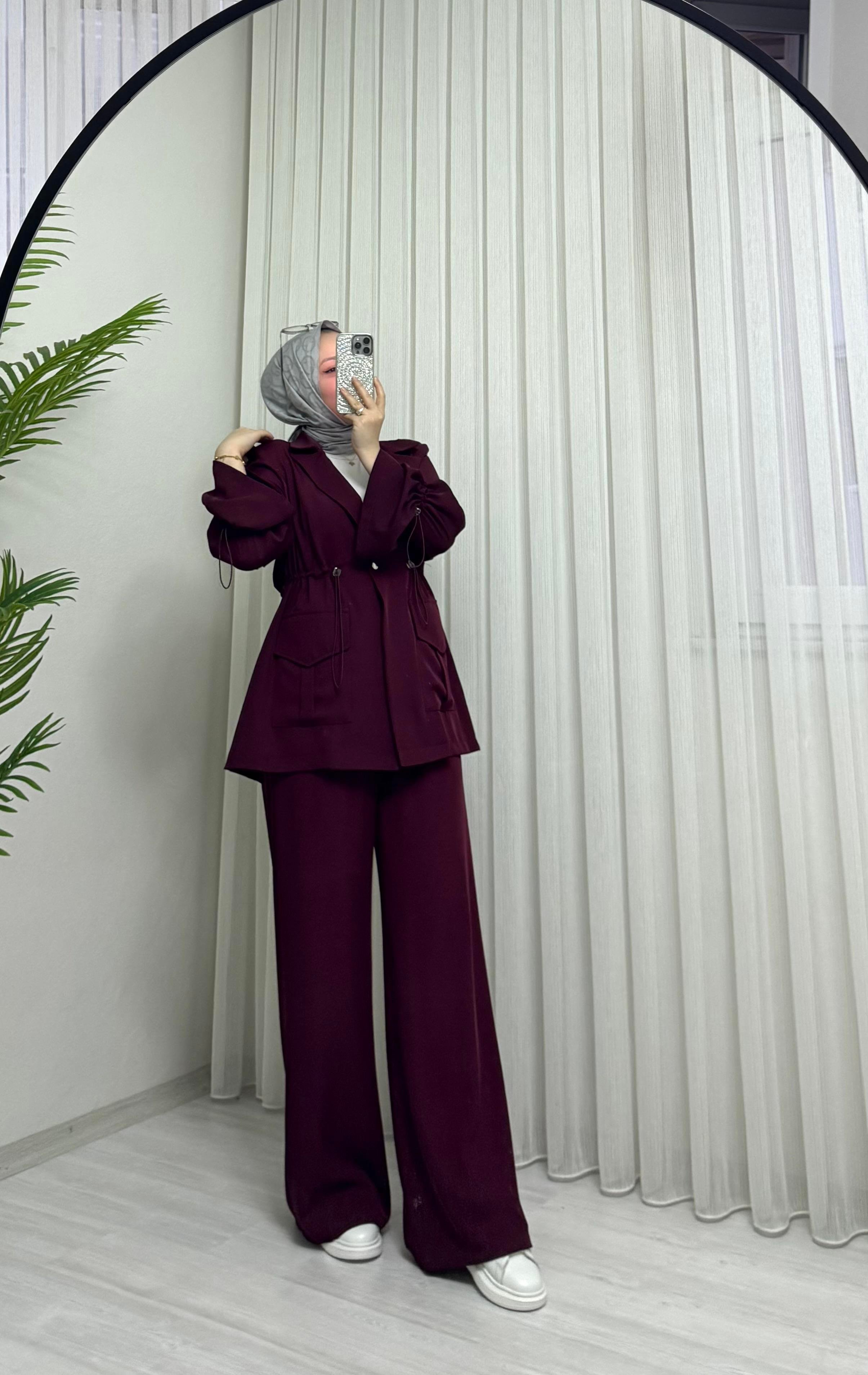 Poli Adriyana Kumaş Çıtlı Takım Bordo 