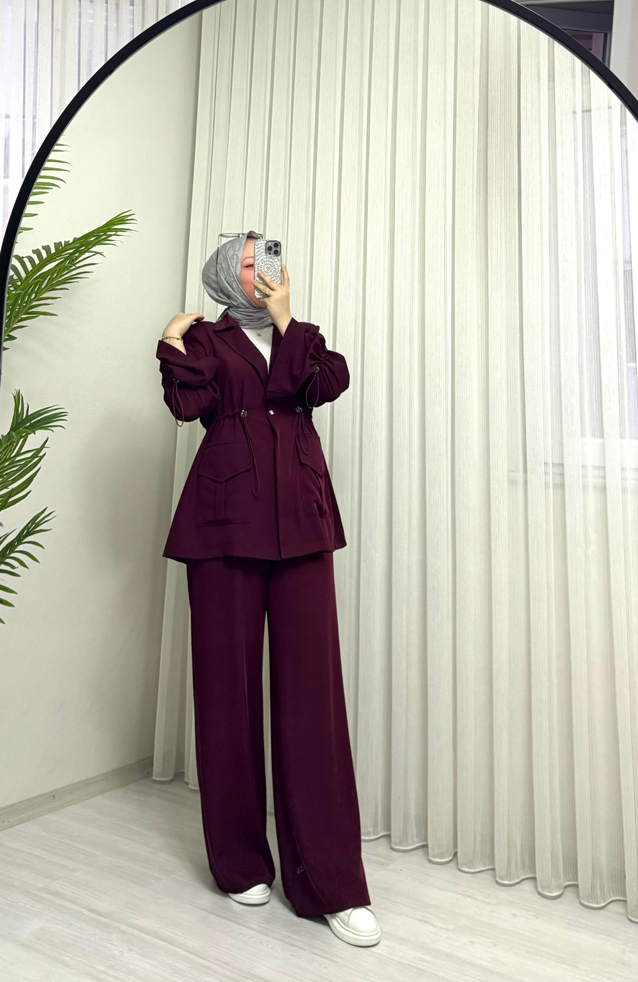 Poli Adriyana Kumaş Çıtlı Takım Bordo 