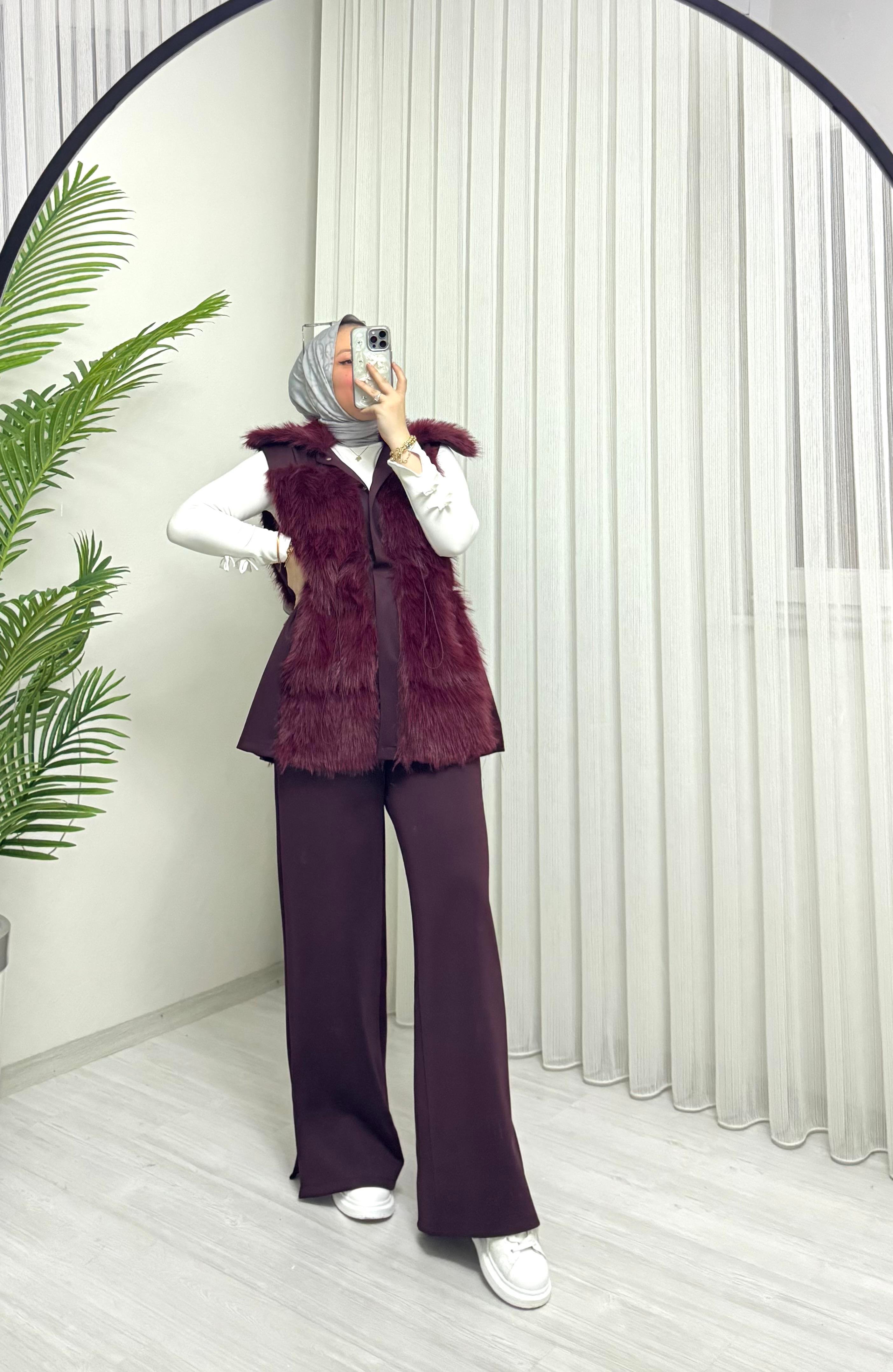 Poli Arkası Kürklü Scuba Takım Yelekli Bordo