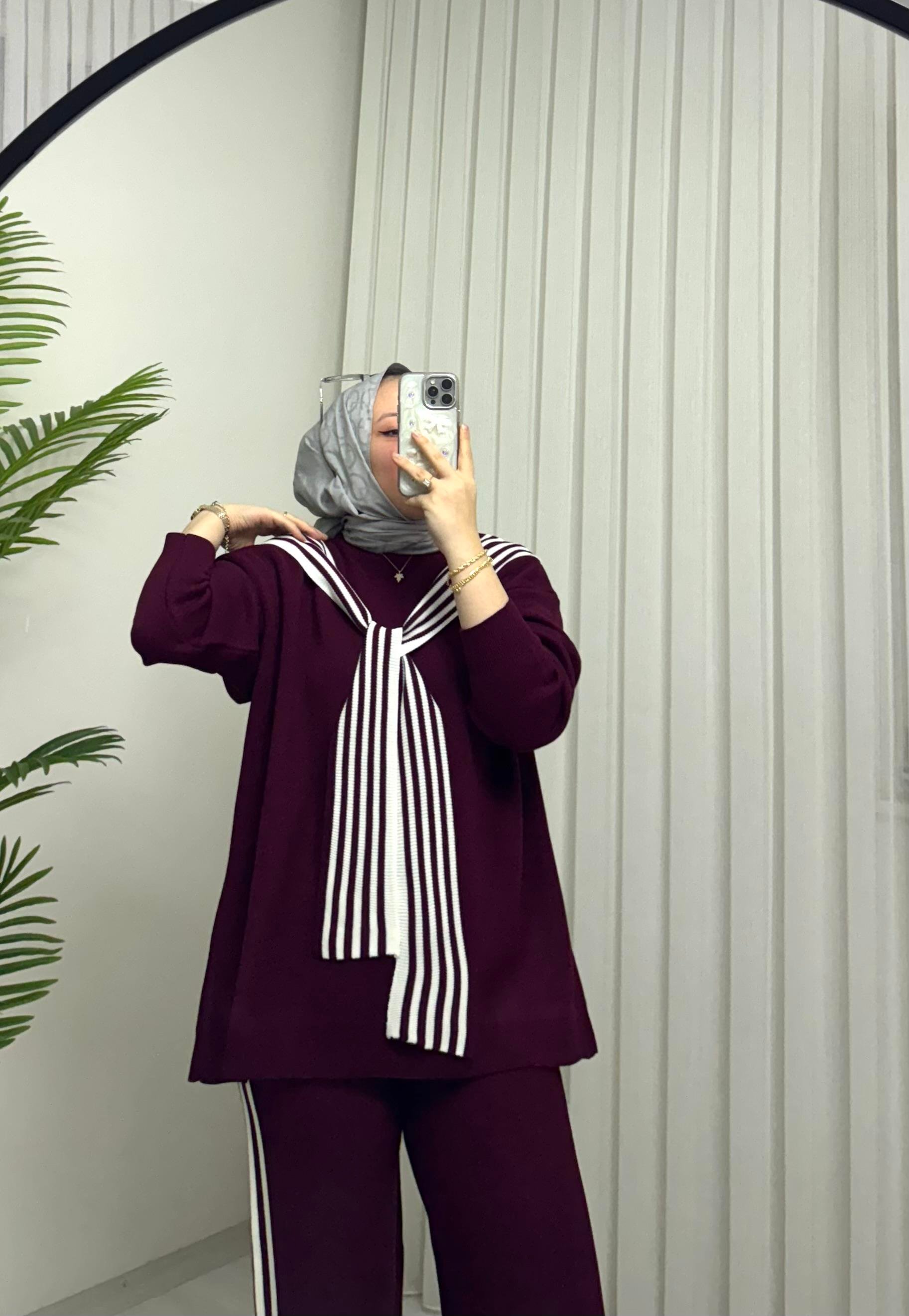 Poli Atkılı Triko Takım Bordo