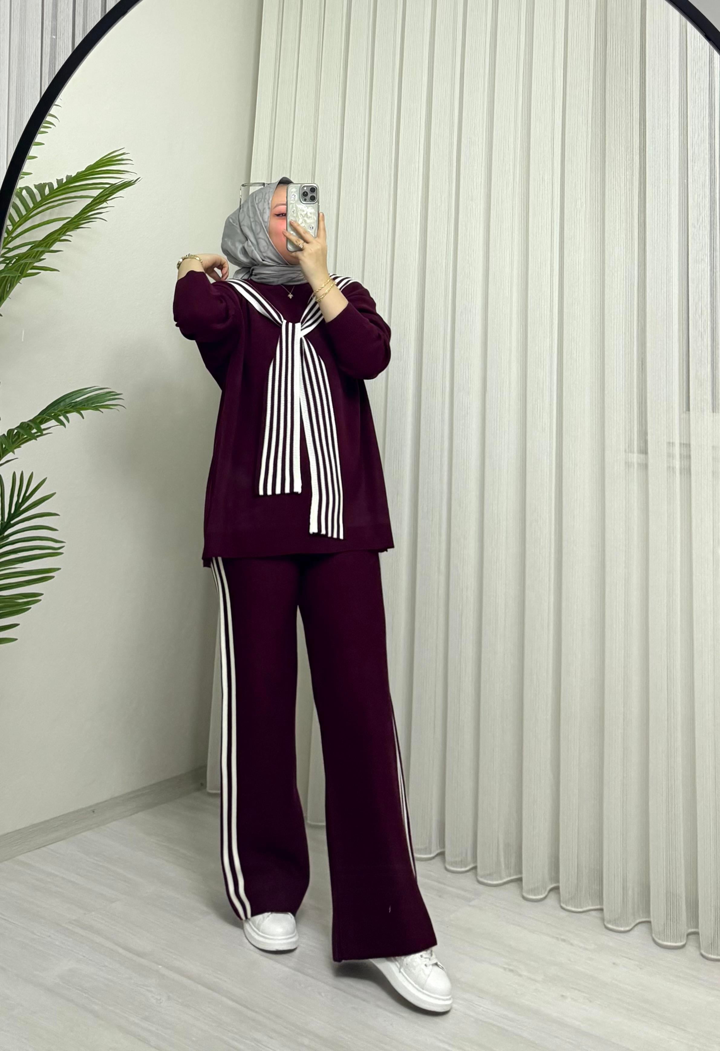 Poli Atkılı Triko Takım Bordo