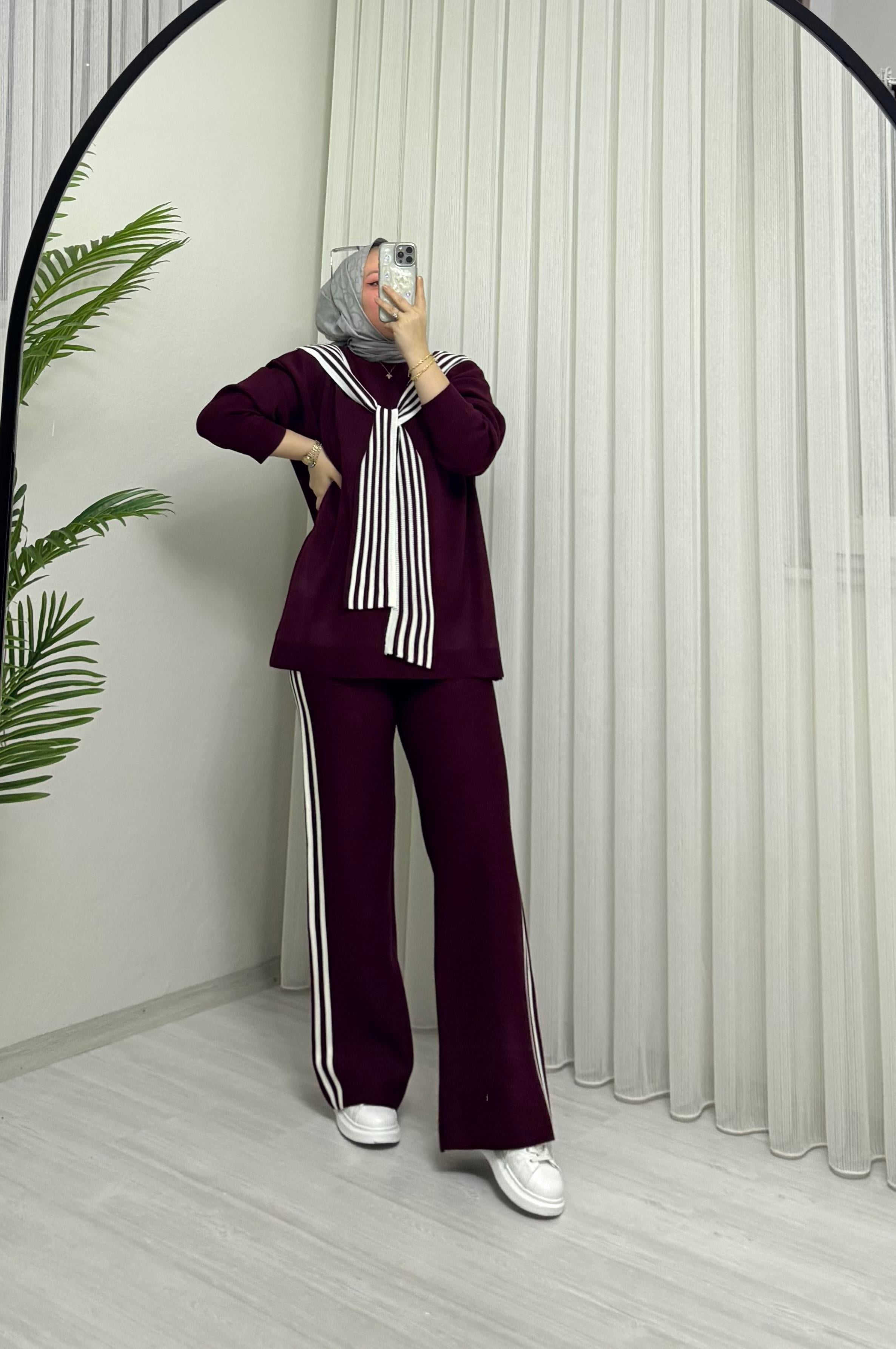 Poli Atkılı Triko Takım Bordo