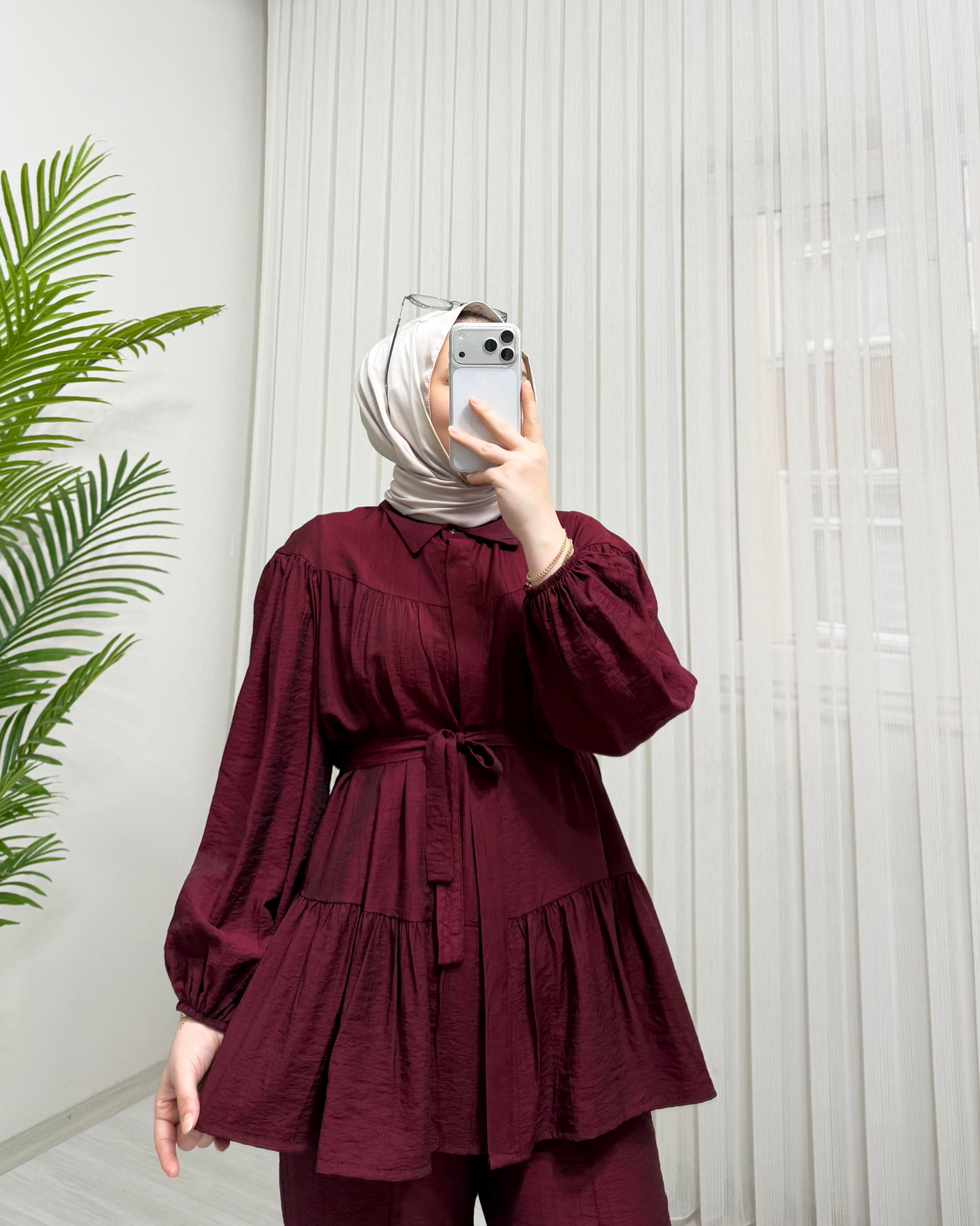 Poli Çilek Kumaş Kuşaklı Takım Bordo