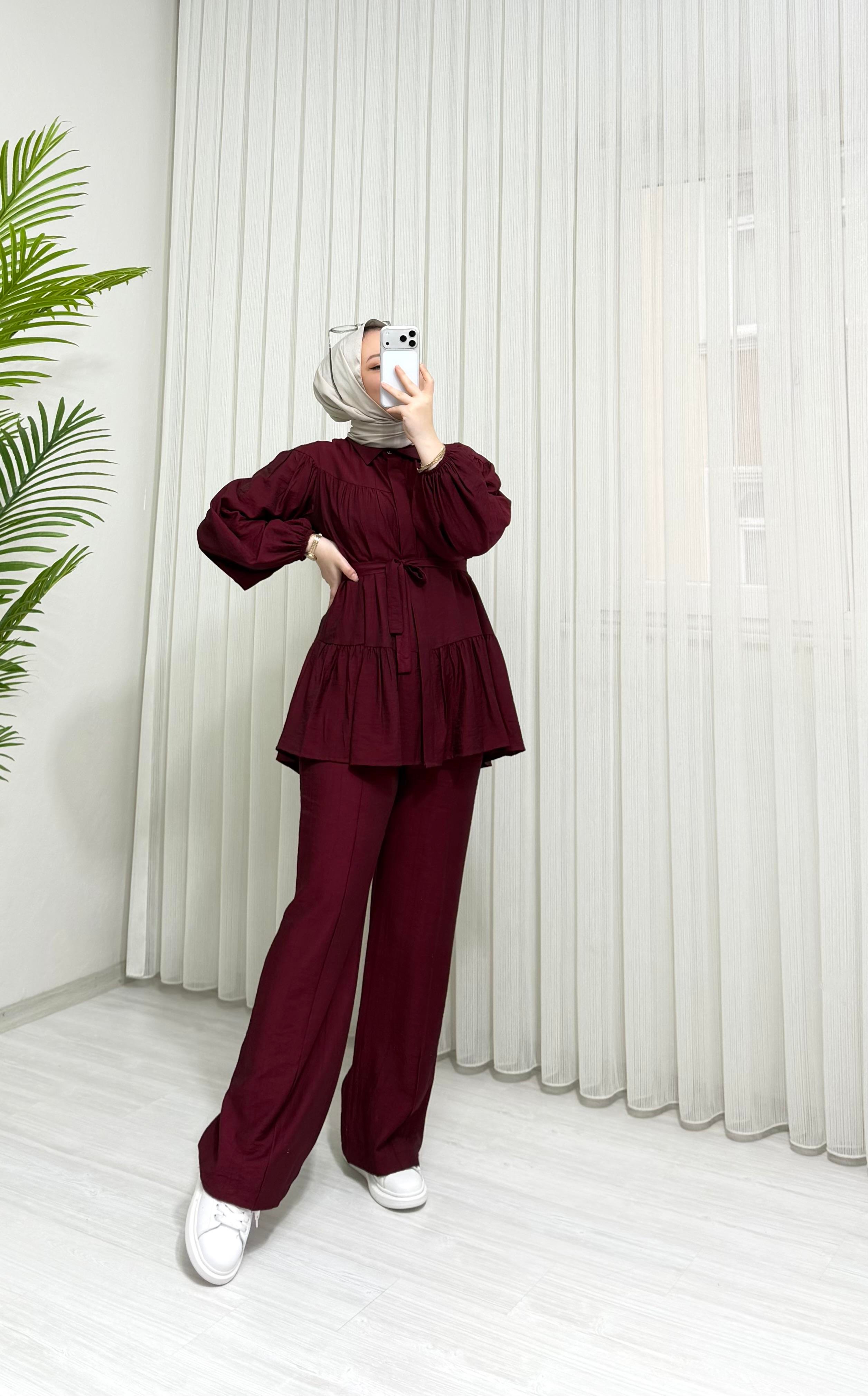 Poli Çilek Kumaş Kuşaklı Takım Bordo