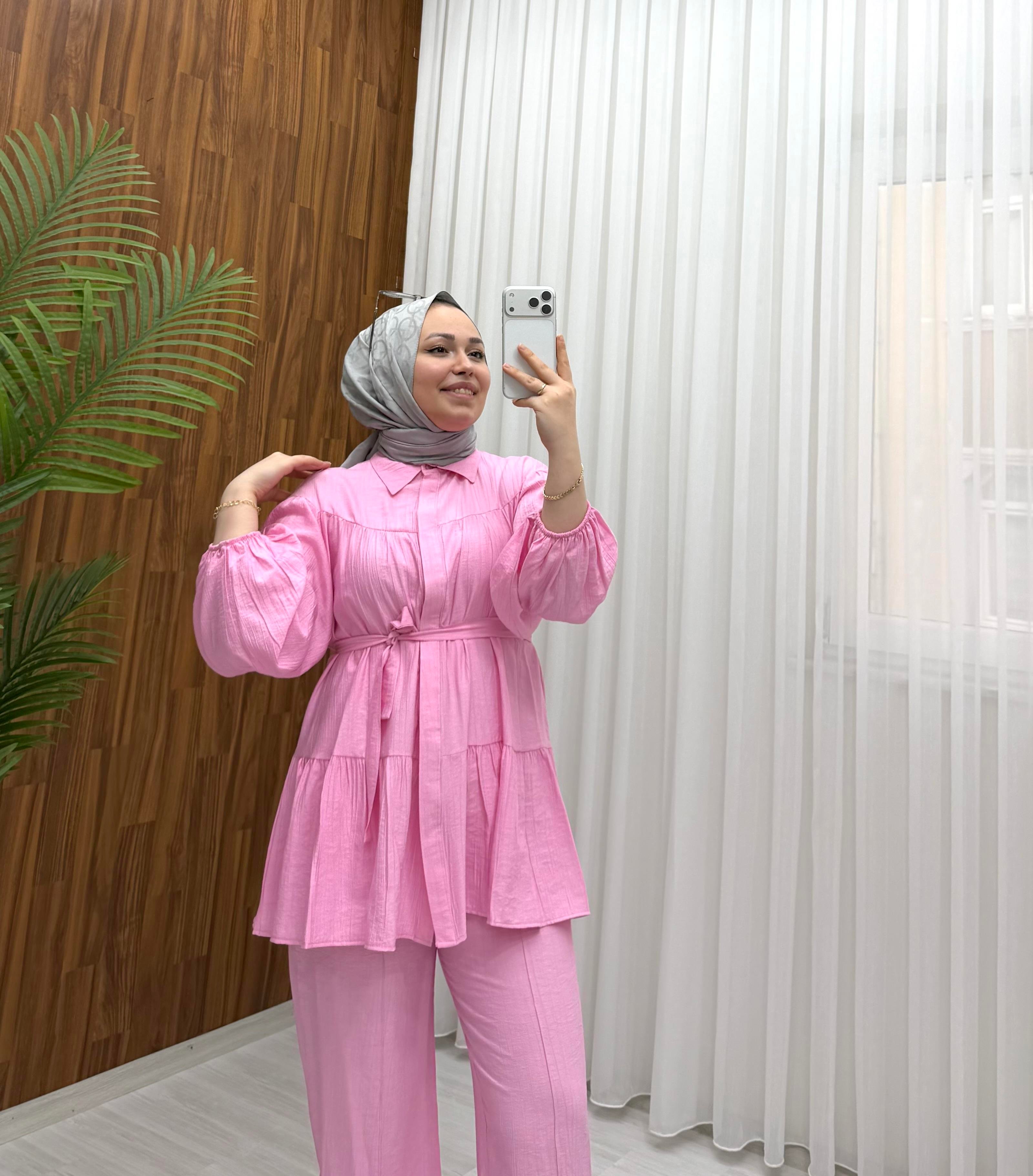 Poli Çilek Kumaş Kuşaklı Takım Pembe