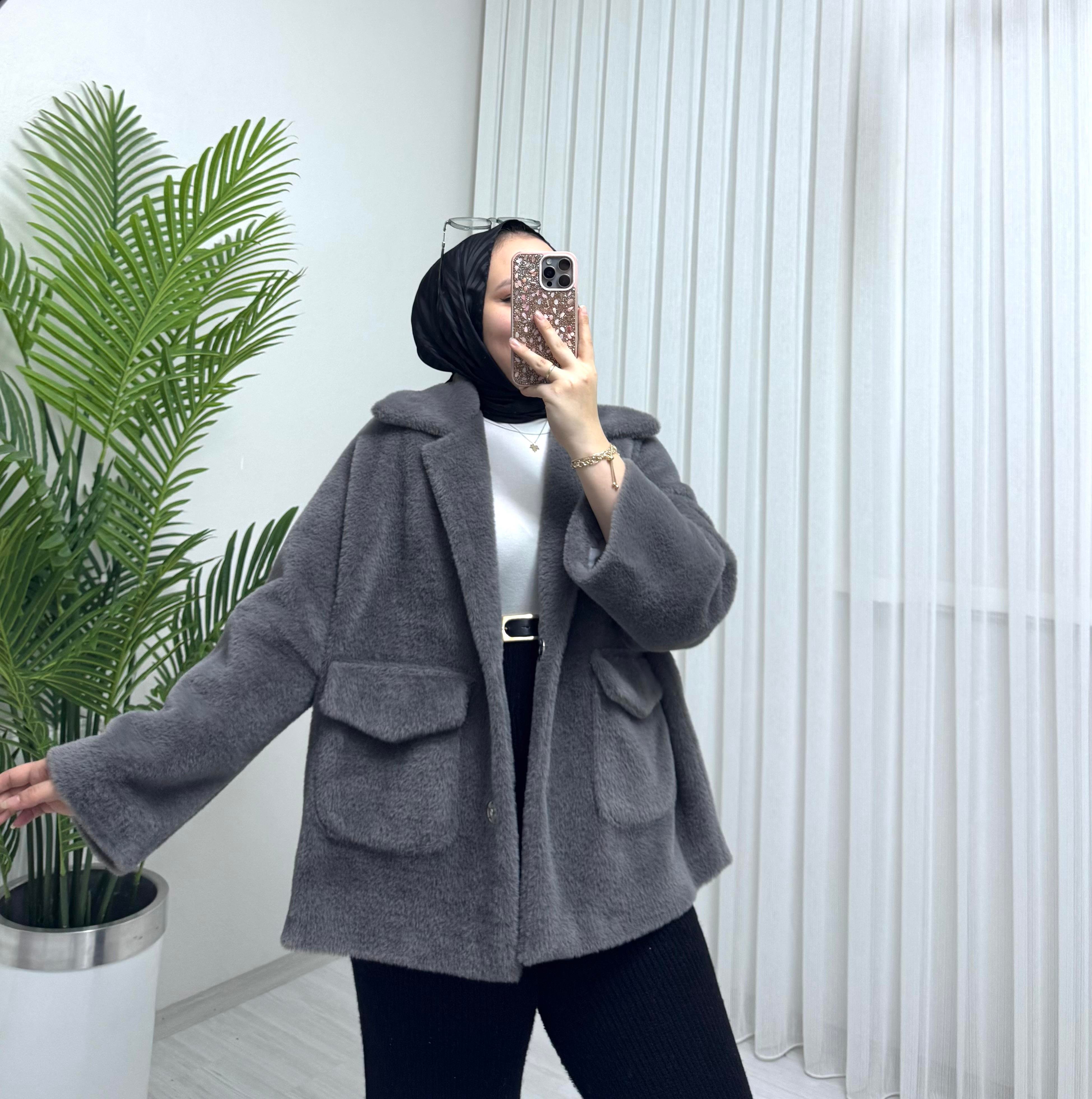 Poli Çıtlı Angora Astarlı Kaban Antrasit
