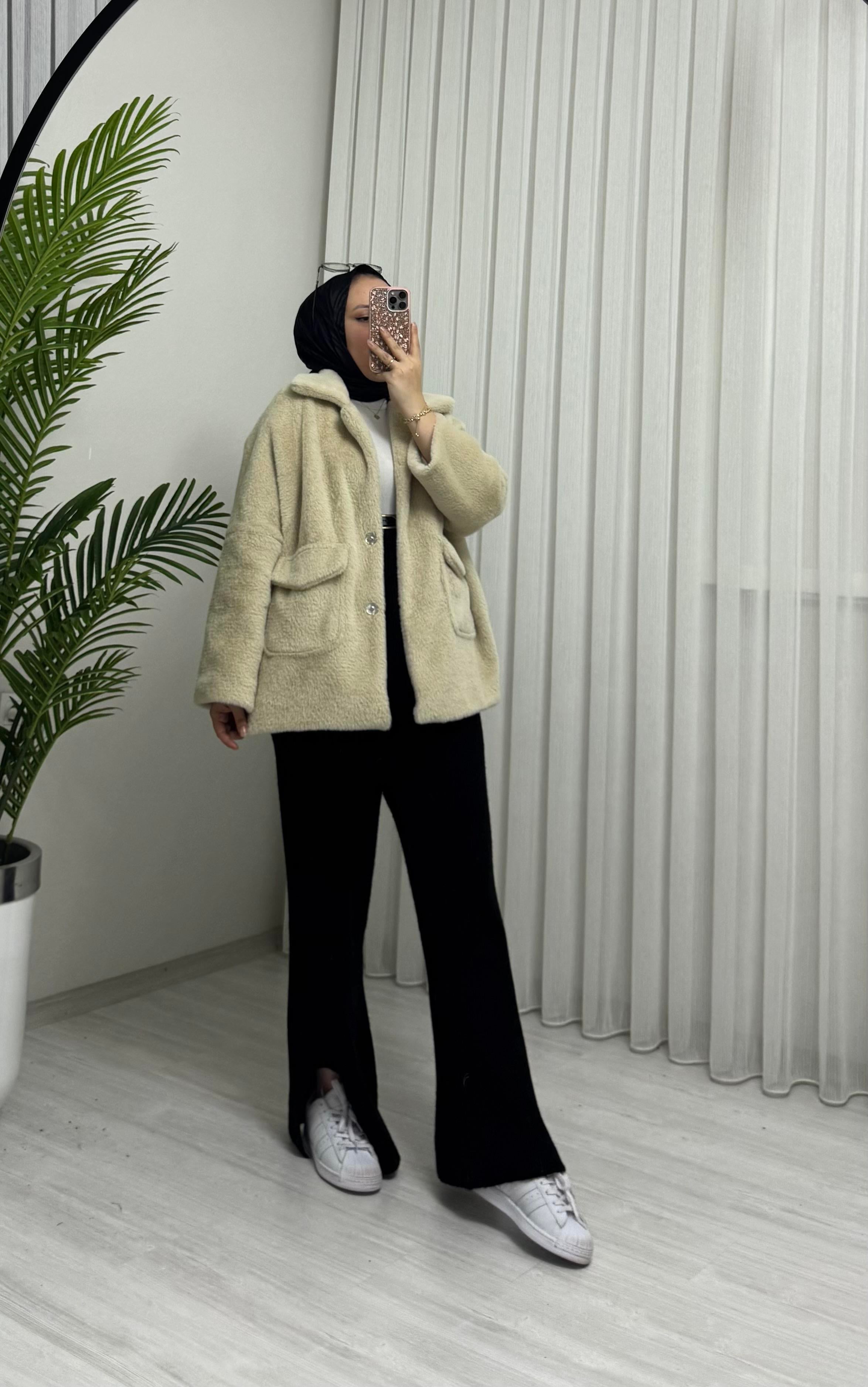 Poli Çıtlı Angora Astarlı Kaban Bej