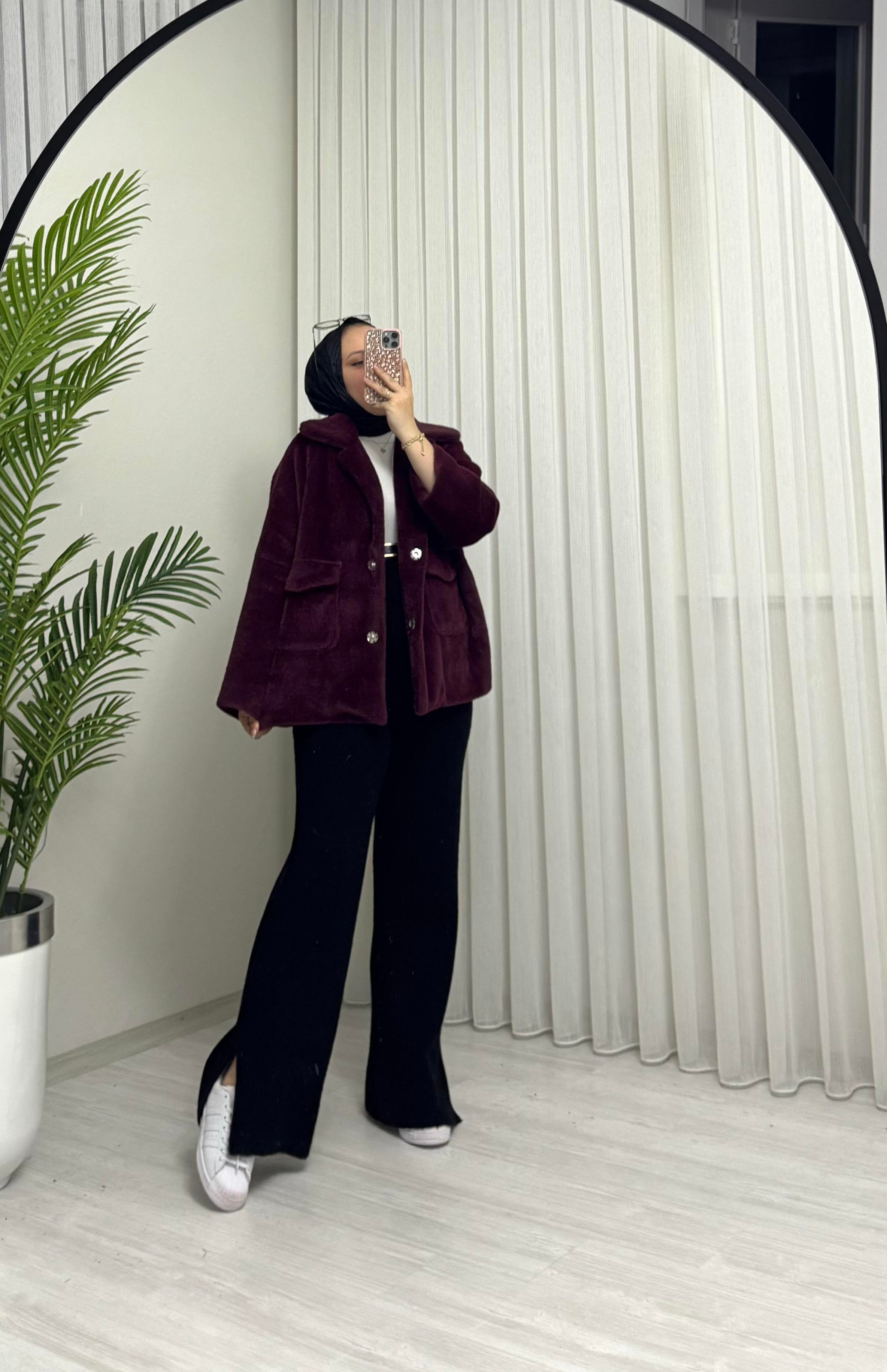 Poli Çıtlı Angora Astarlı Kaban Bordo