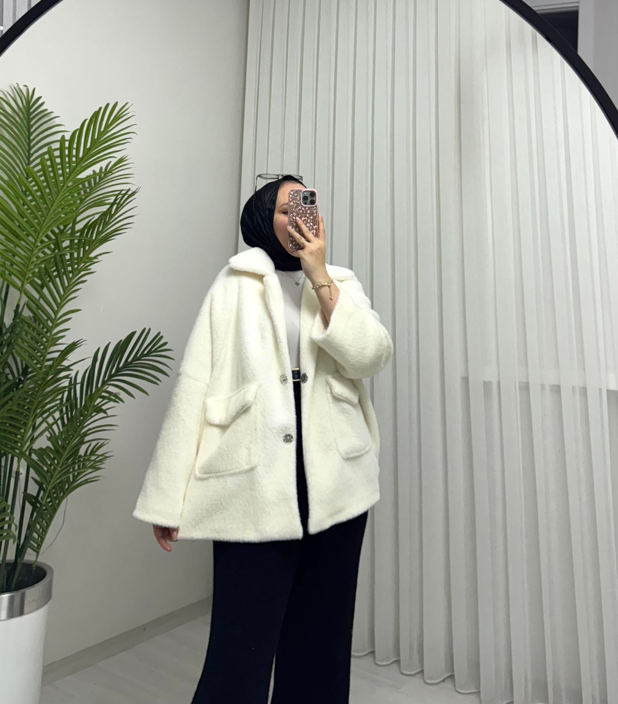 Poli Çıtlı Angora Astarlı Kaban Ekru
