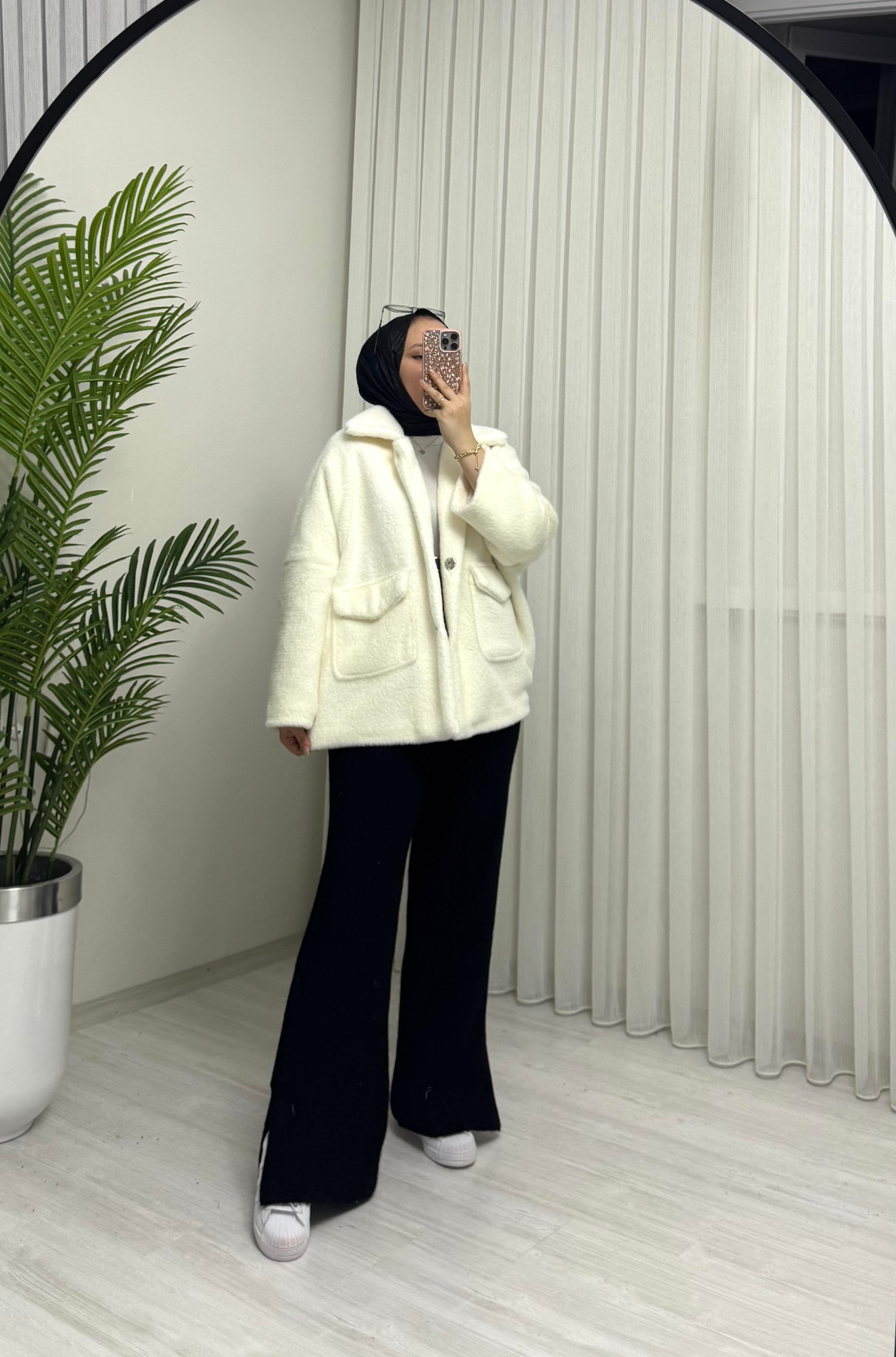 Poli Çıtlı Angora Astarlı Kaban Ekru