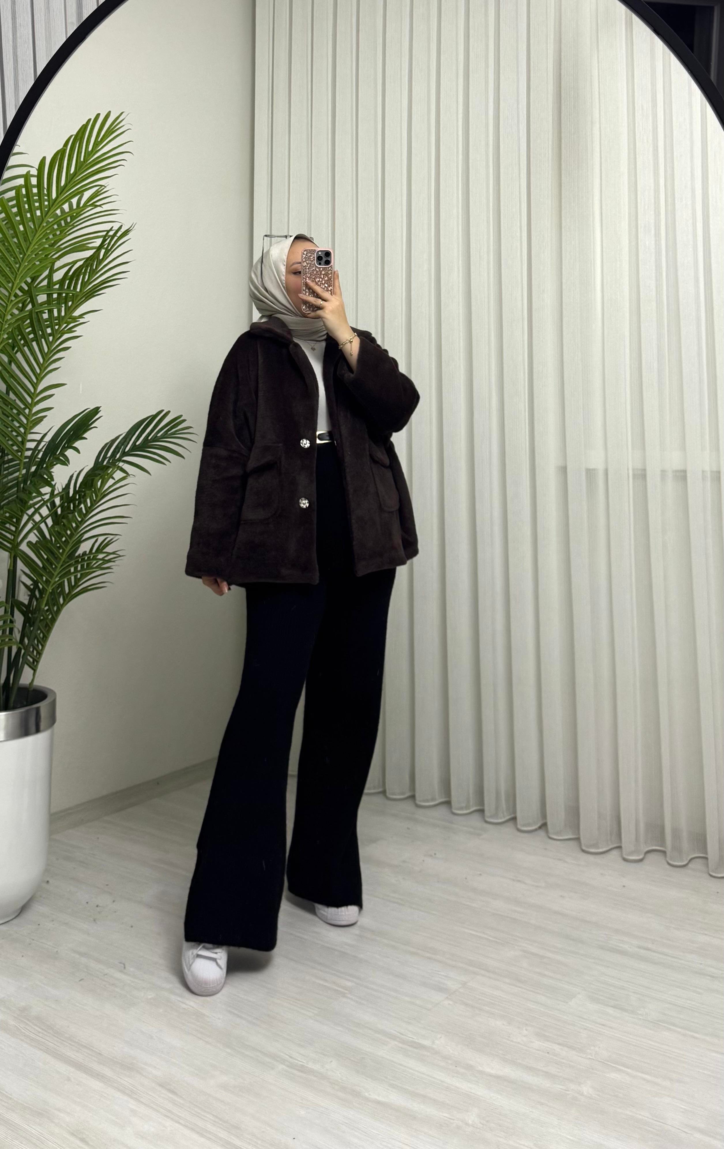 Poli Çıtlı Angora Astarlı Kaban Kahve