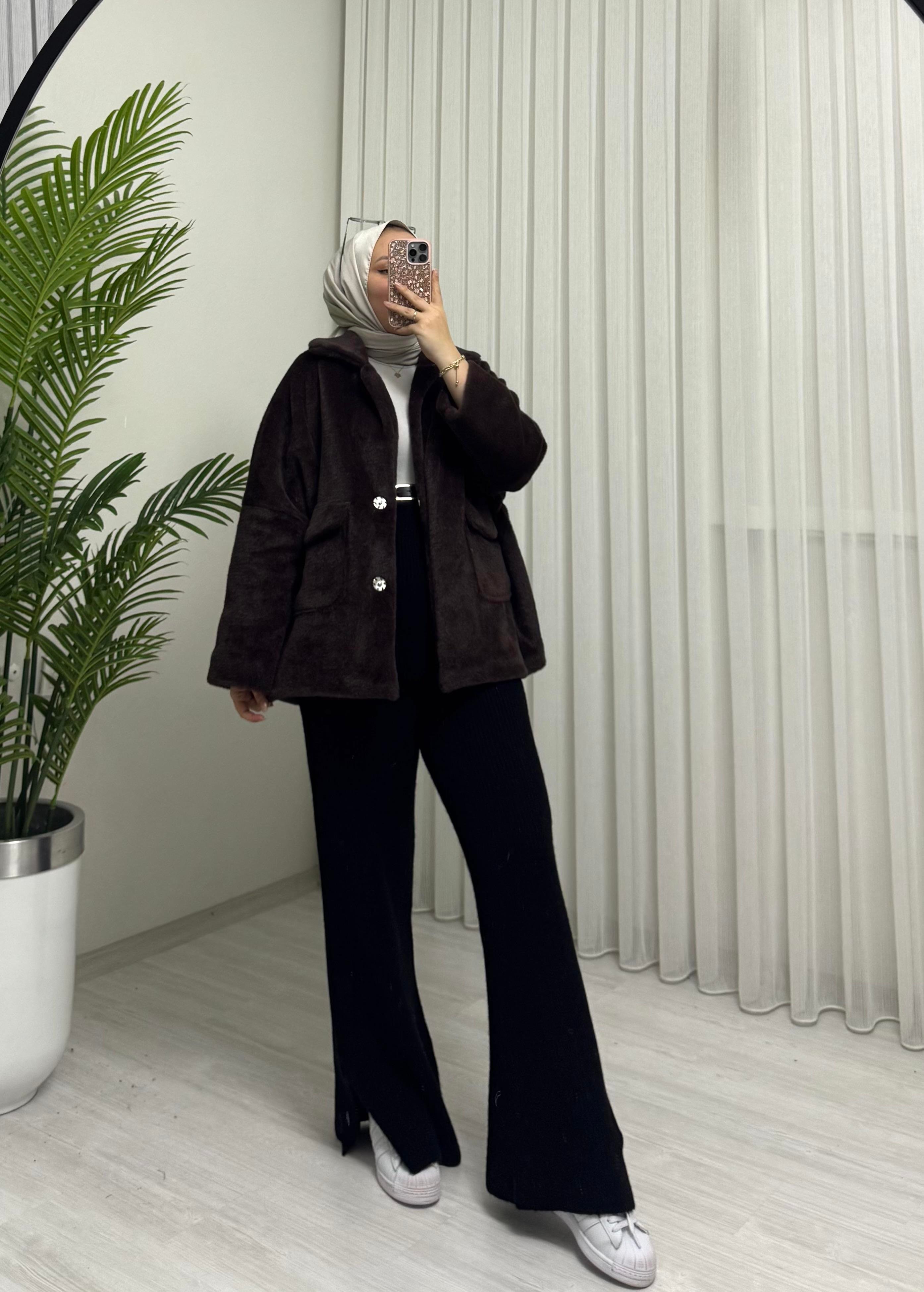 Poli Çıtlı Angora Astarlı Kaban Kahve