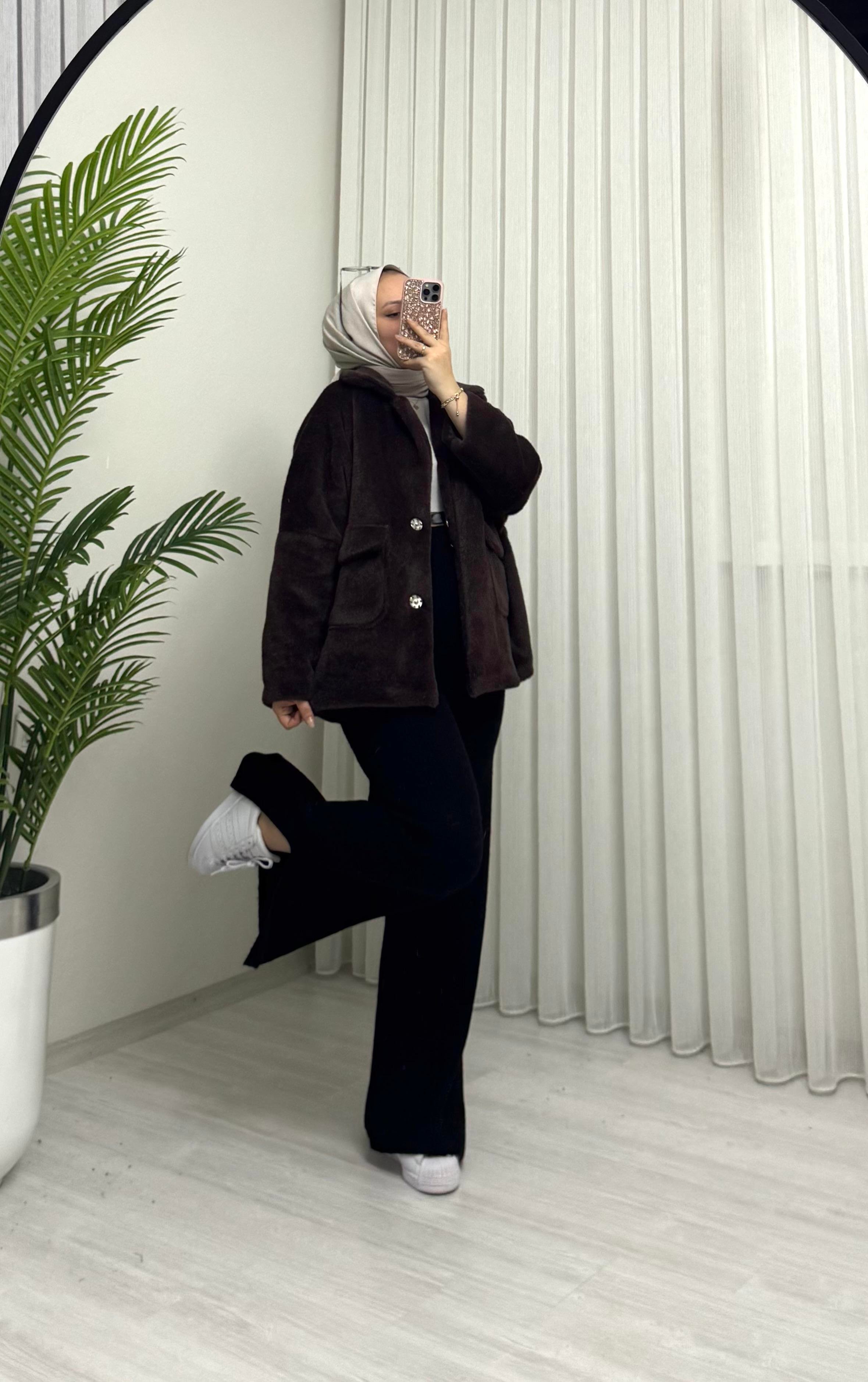 Poli Çıtlı Angora Astarlı Kaban Kahve
