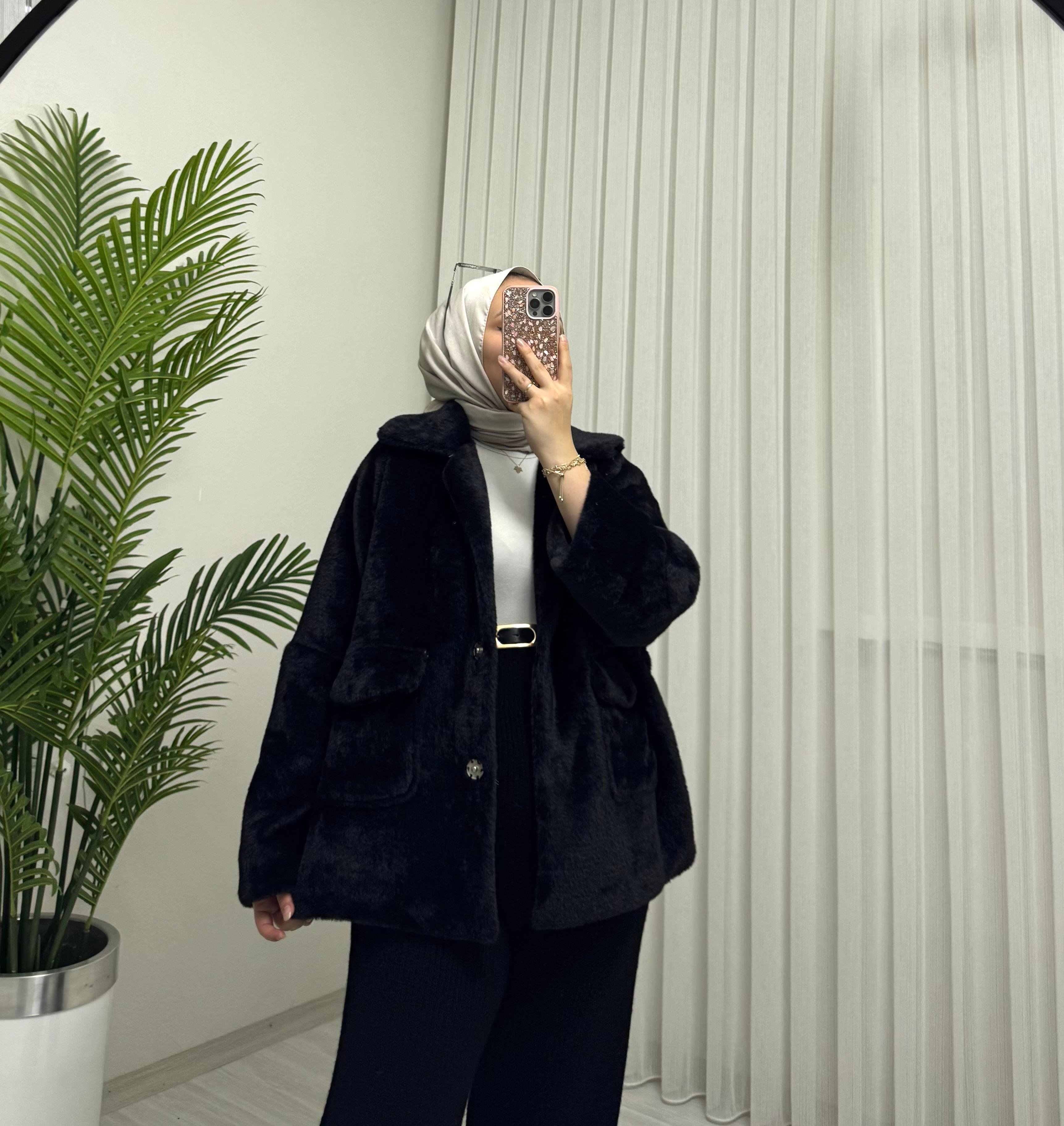 Poli Çıtlı Angora Astarlı Kaban Siyah