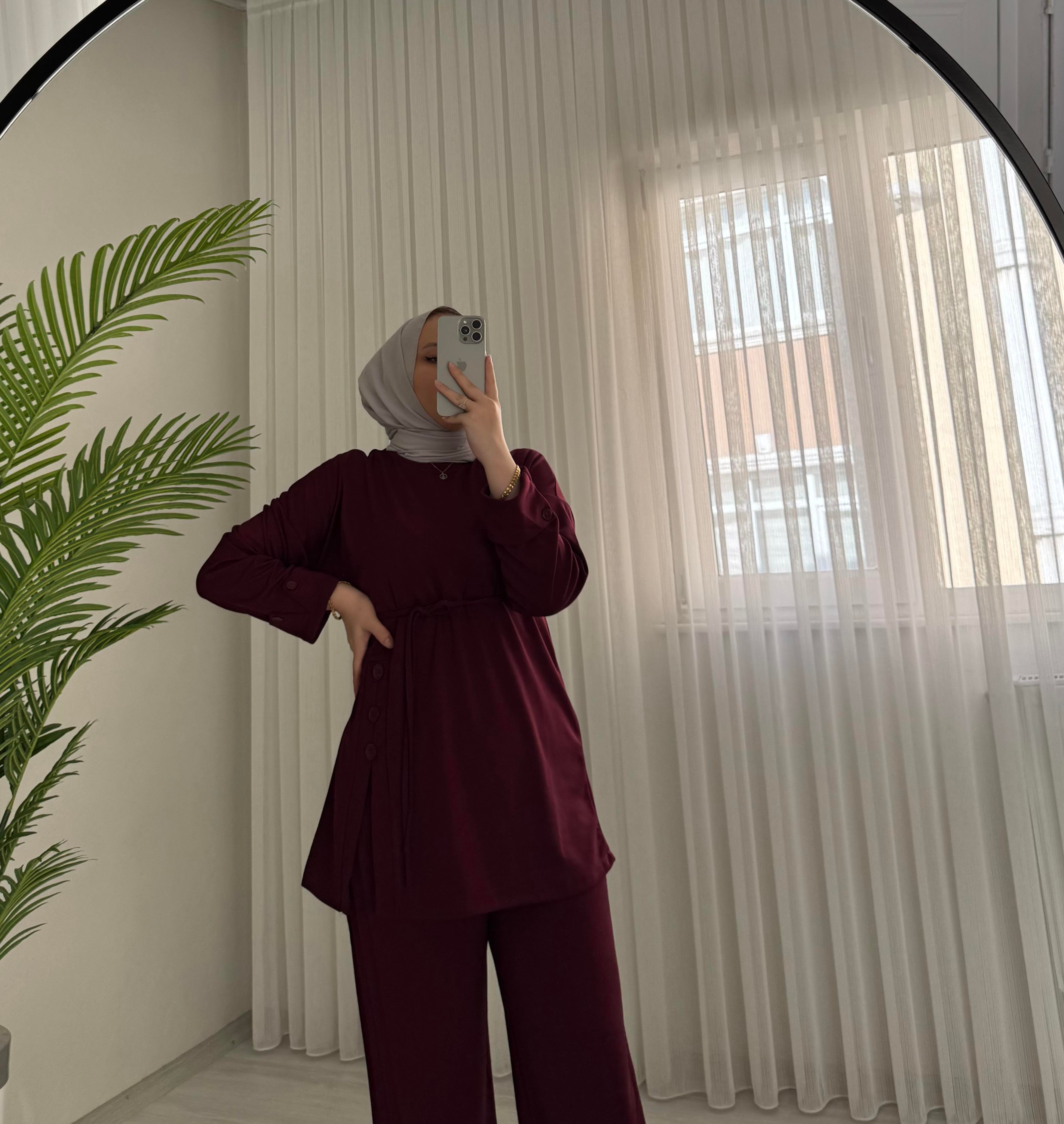 Poli Düğme Detaylı Takım Bordo