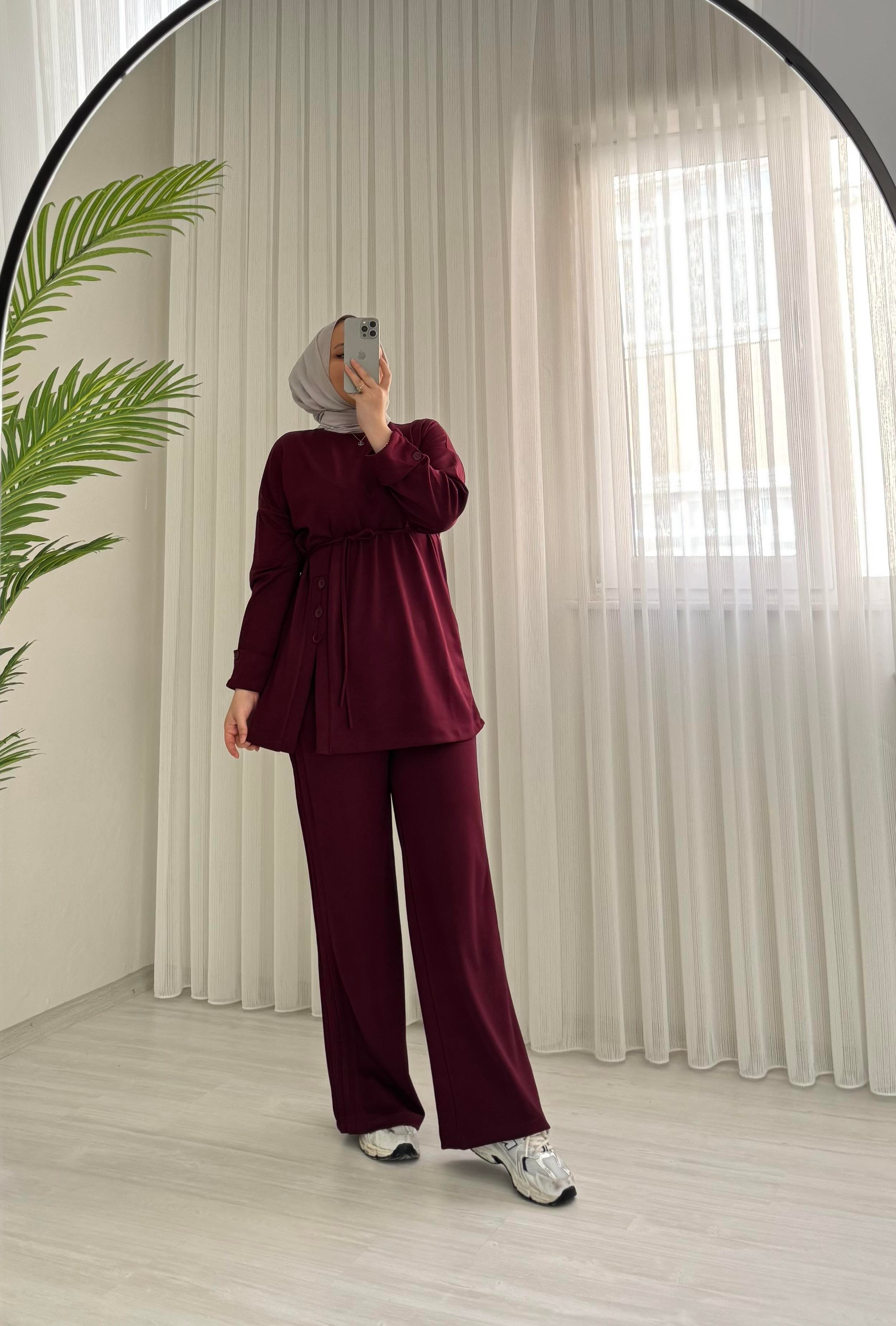 Poli Düğme Detaylı Takım Bordo