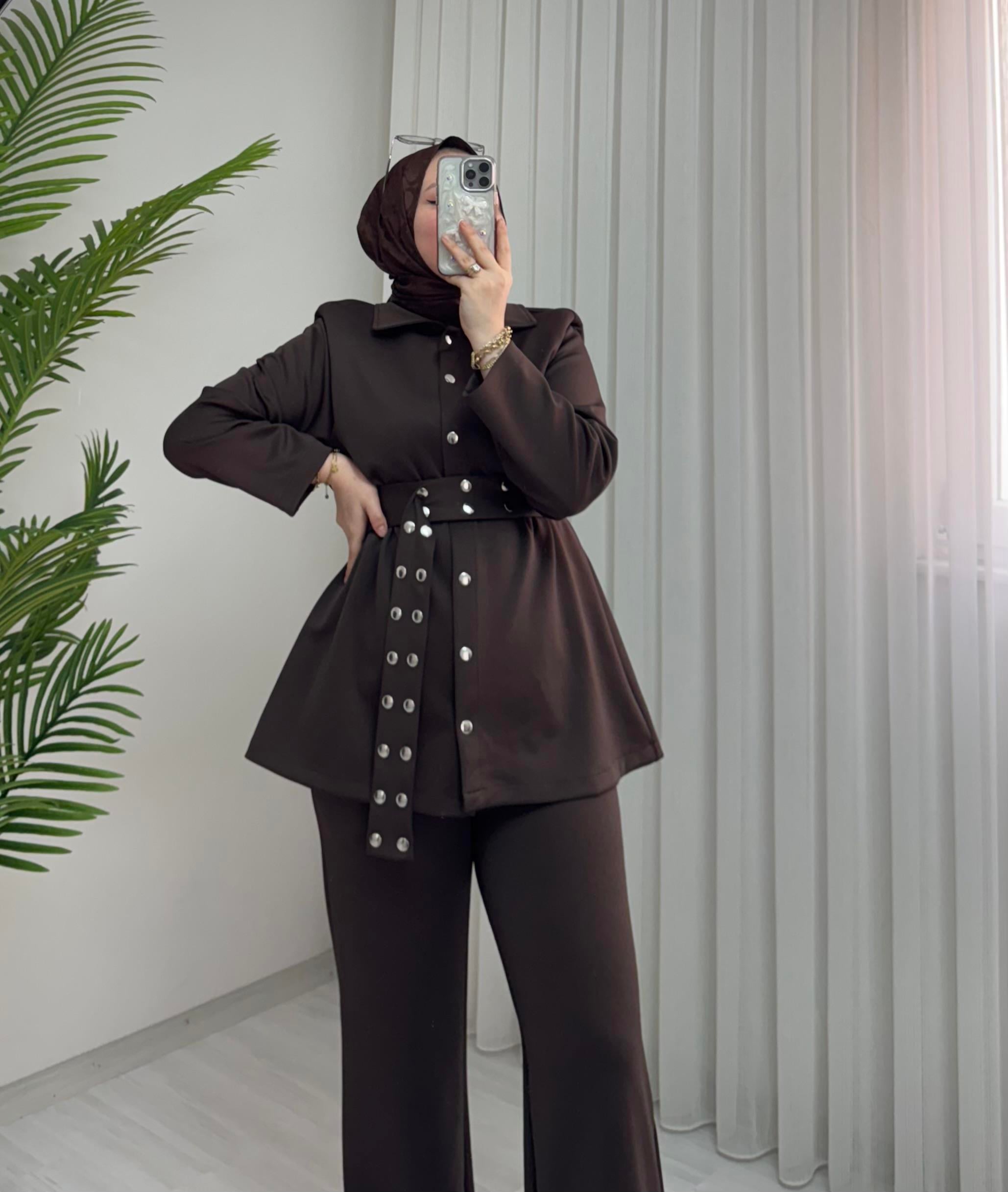 Poli Kemeri Çıt Detaylı Scuba Takım Kahve
