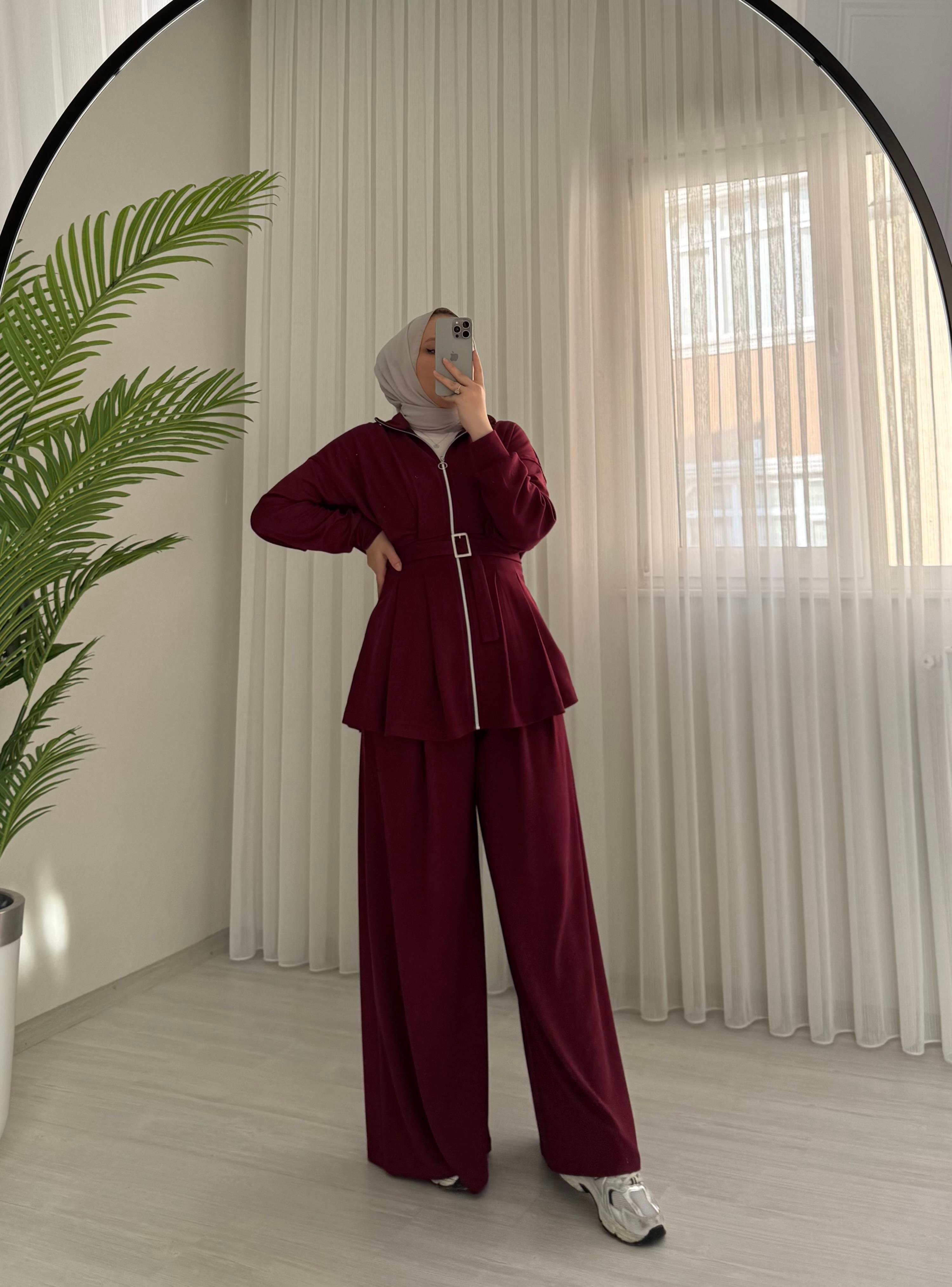 Poli Kemerli Geniş Paça Takım Bordo