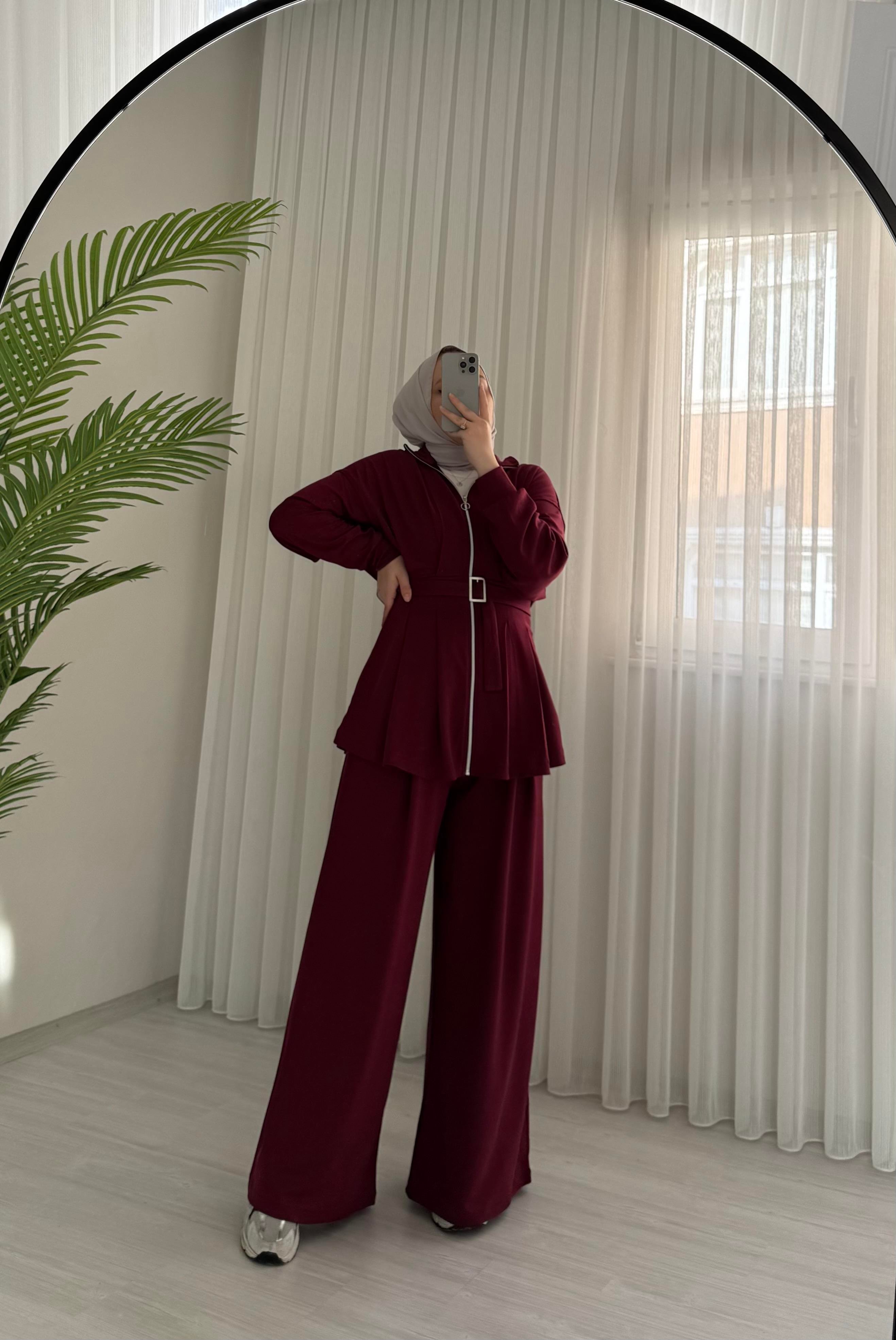 Poli Kemerli Geniş Paça Takım Bordo
