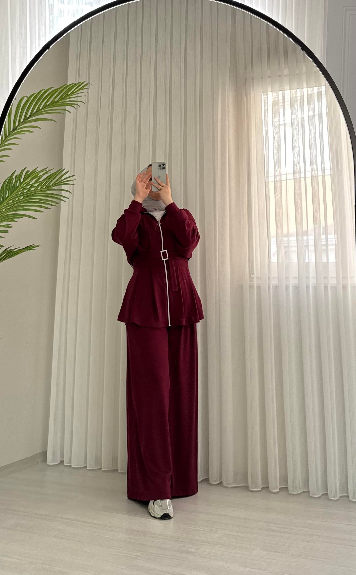 Poli Kemerli Geniş Paça Takım Bordo