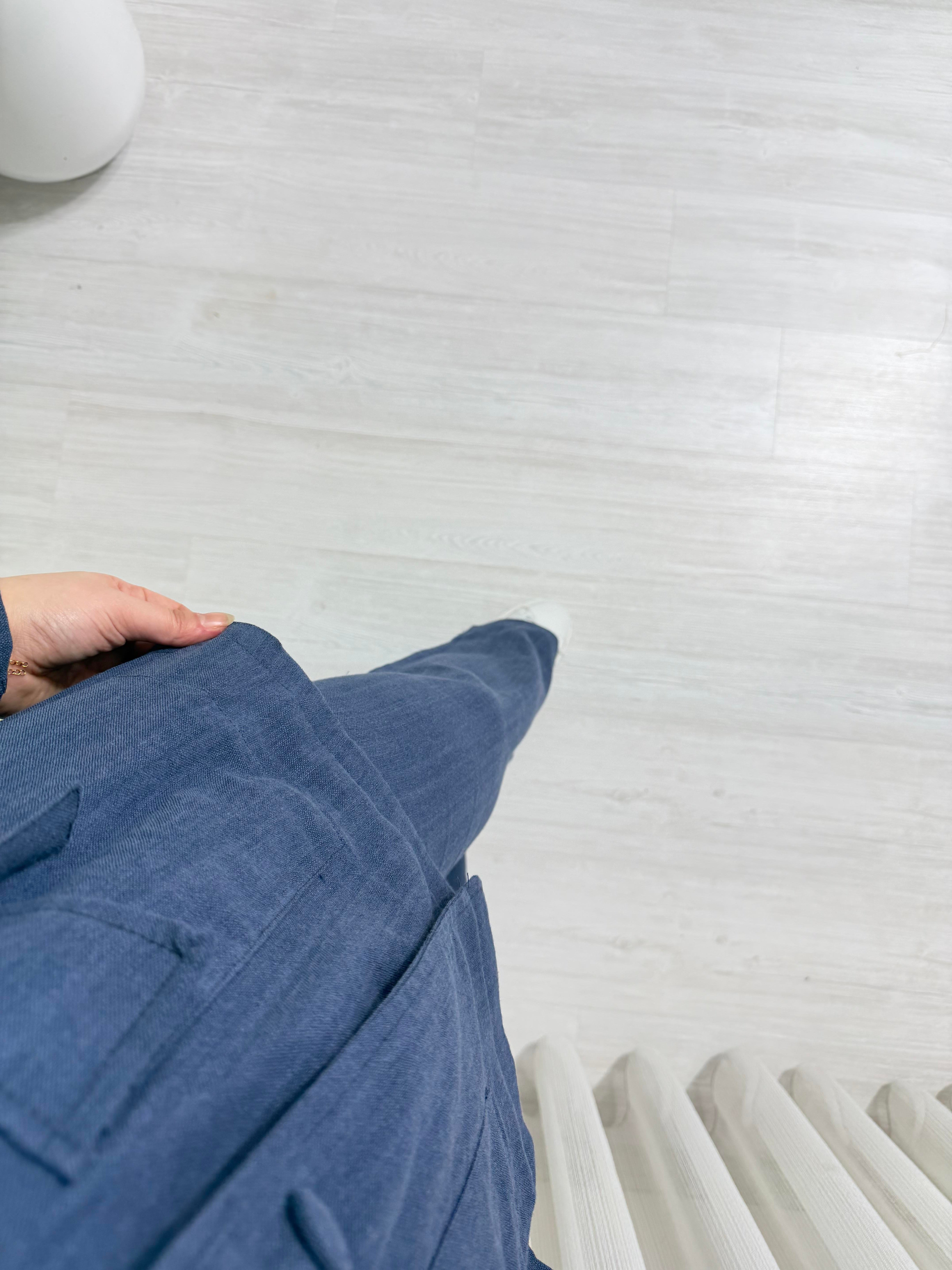 Poli Kemerli Keten Kumaş Takım Lacivert