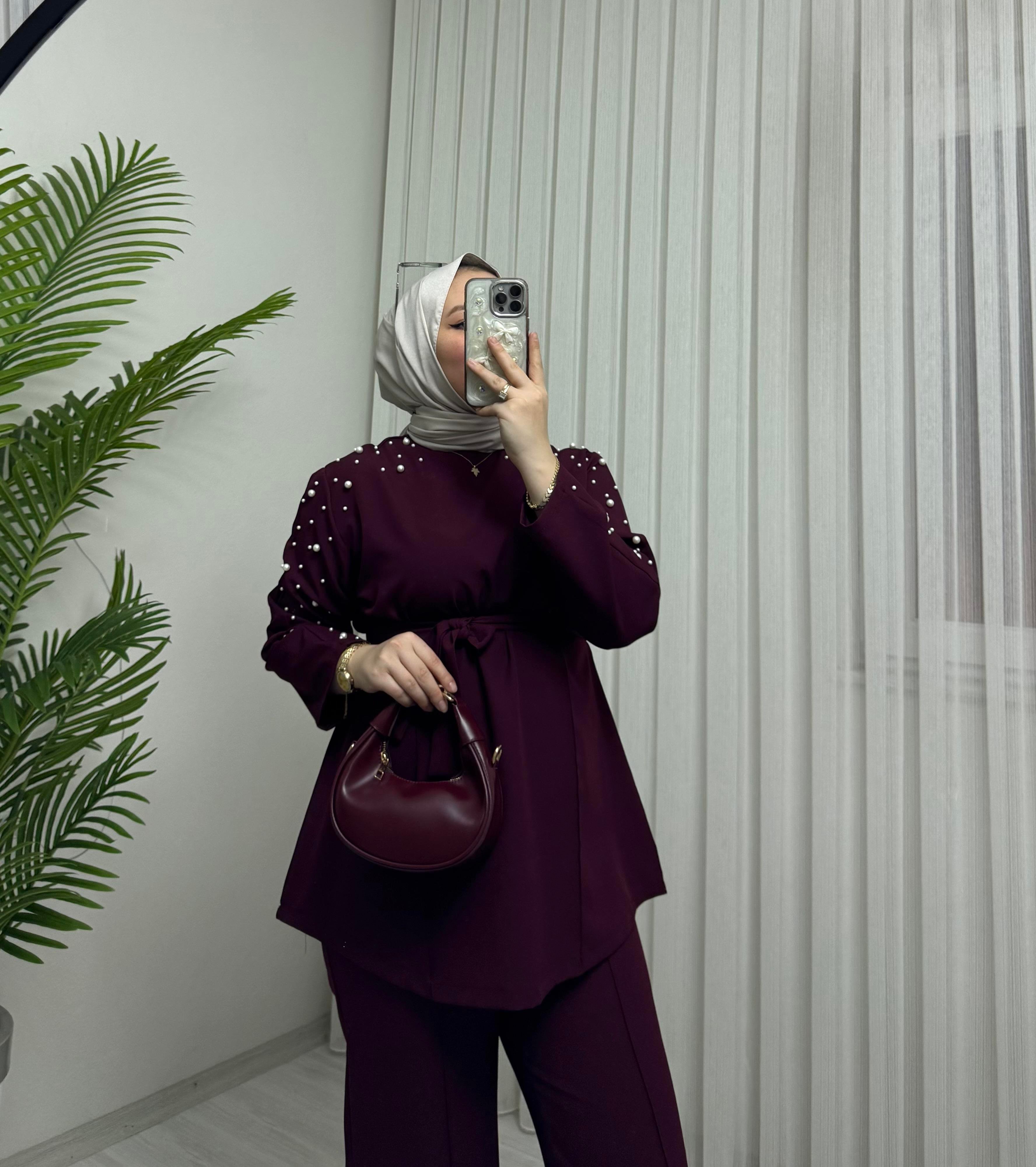 Poli Krep Omzu İnci Taşlı Takım Bordo