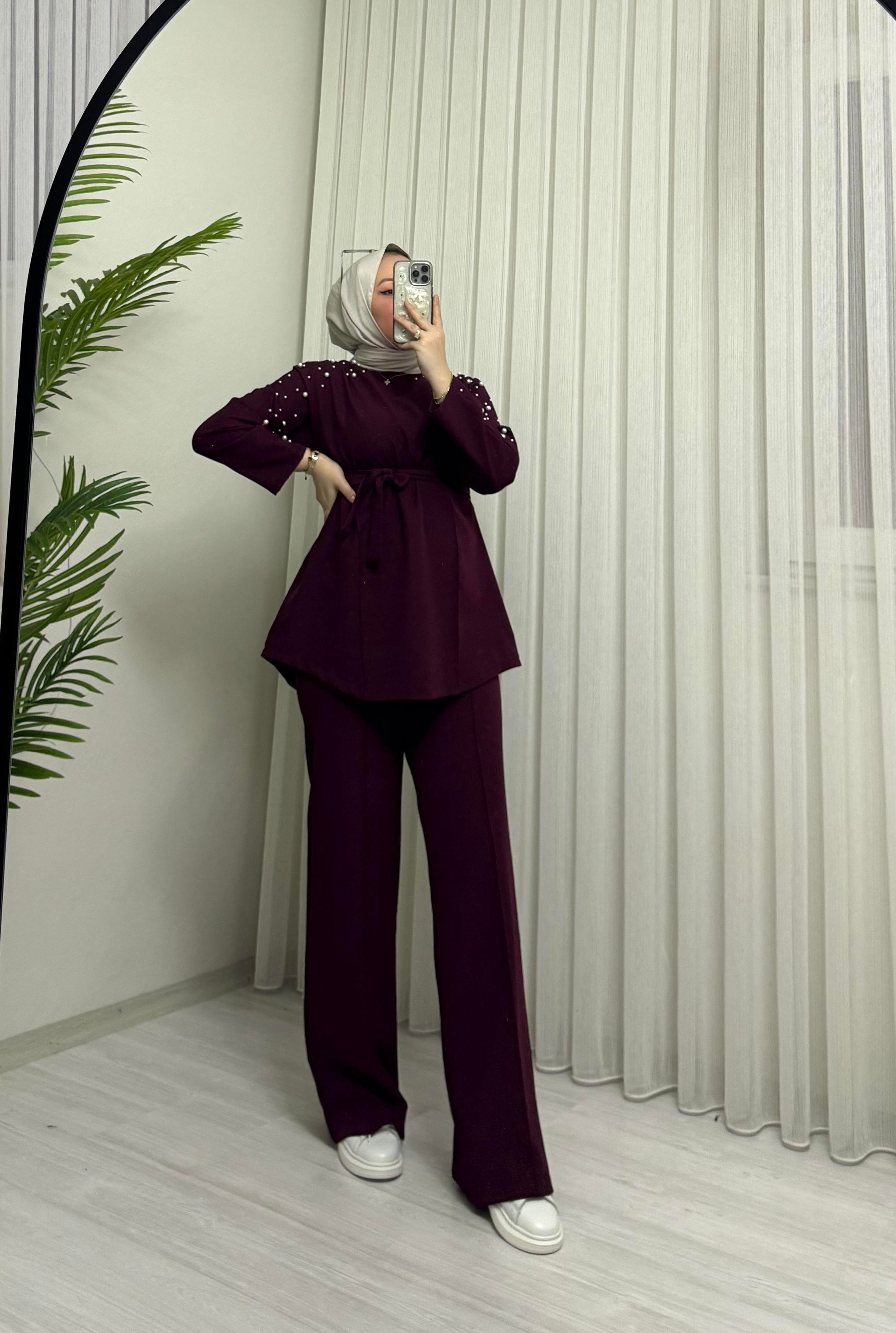 Poli Krep Omzu İnci Taşlı Takım Bordo