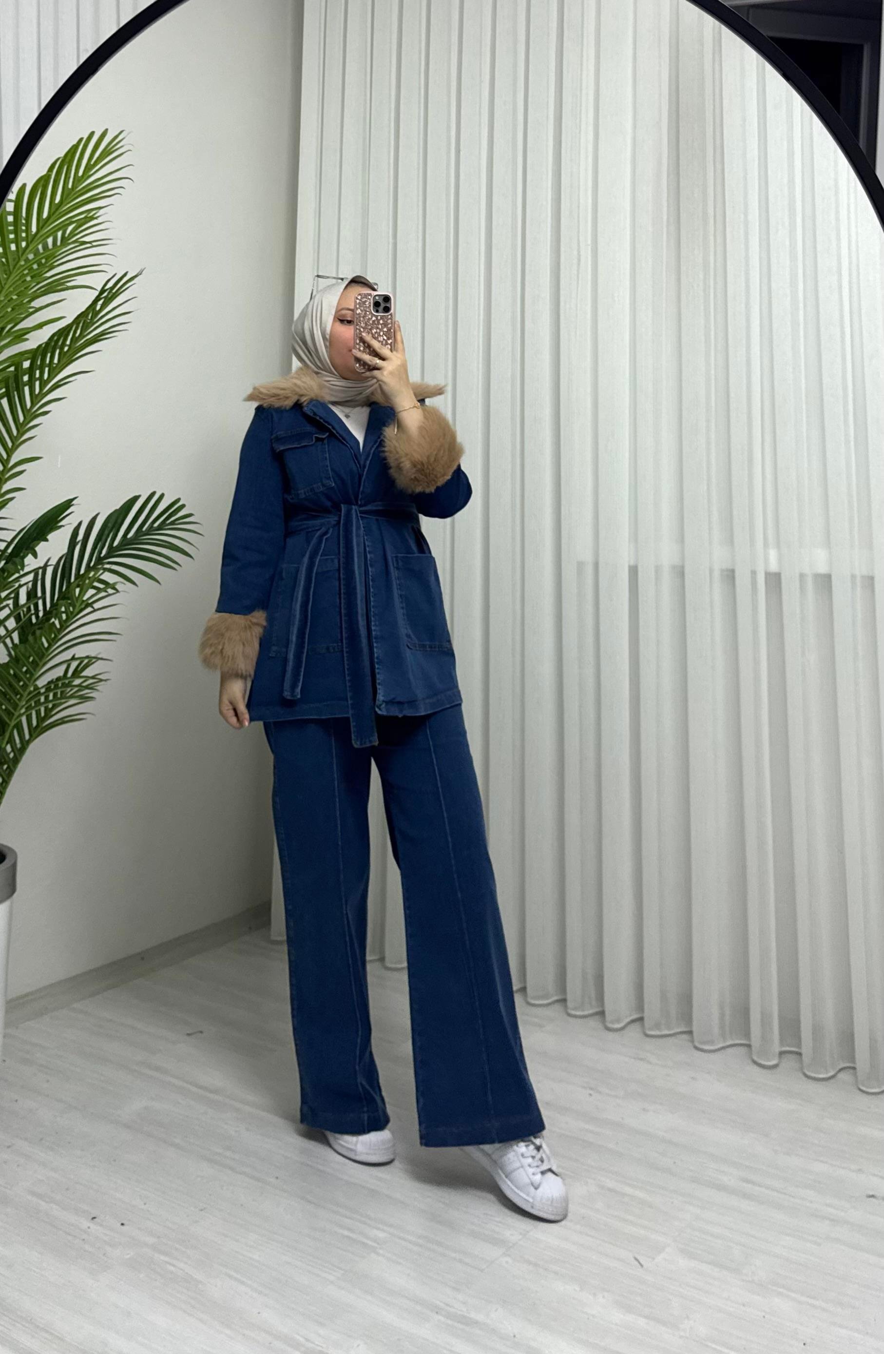 Poli Kürk Detaylı Kot Takım Açık Kot