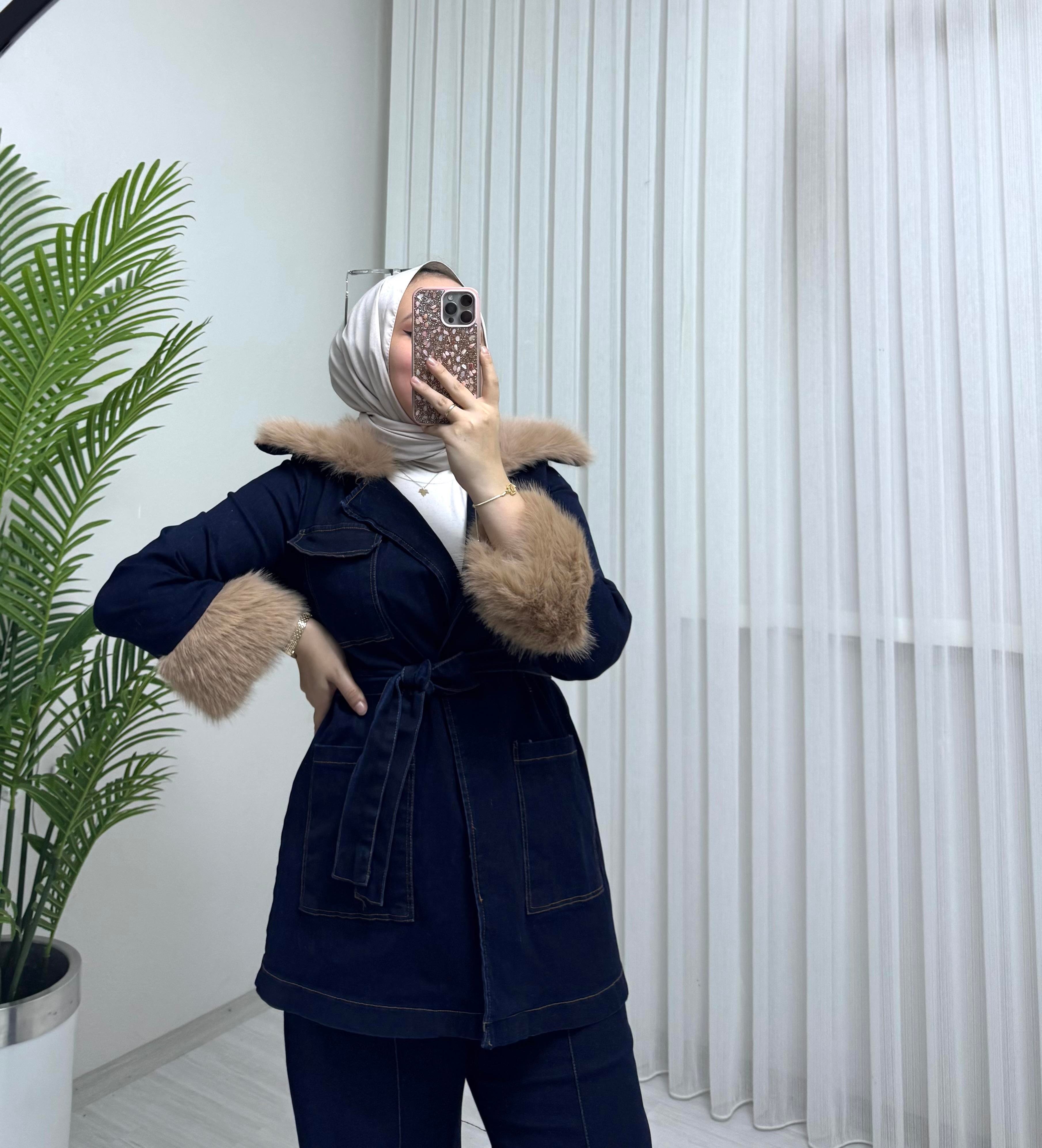 Poli Kürk Detaylı Kot Takım Koyu Kot