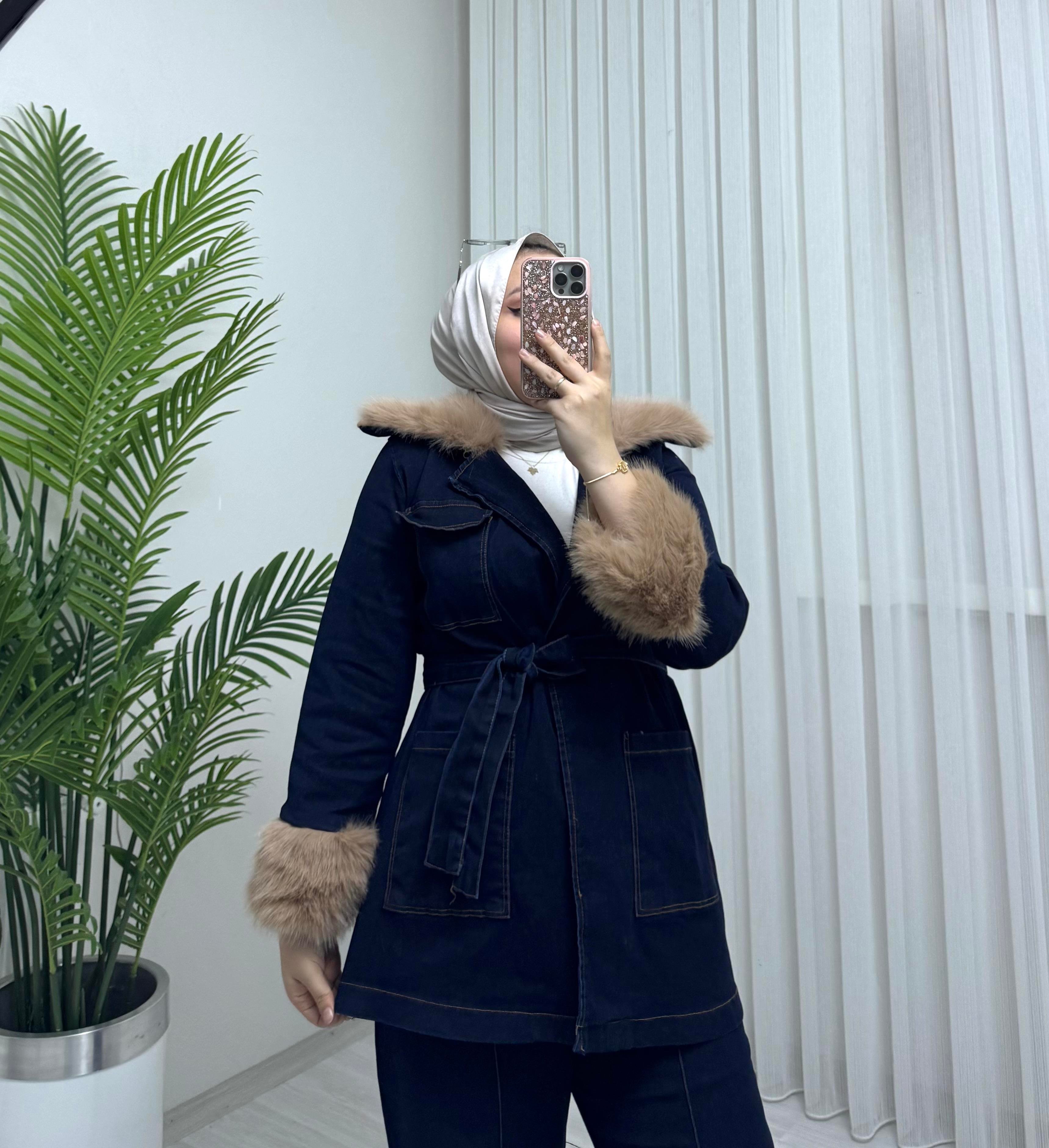 Poli Kürk Detaylı Kot Takım Koyu Kot