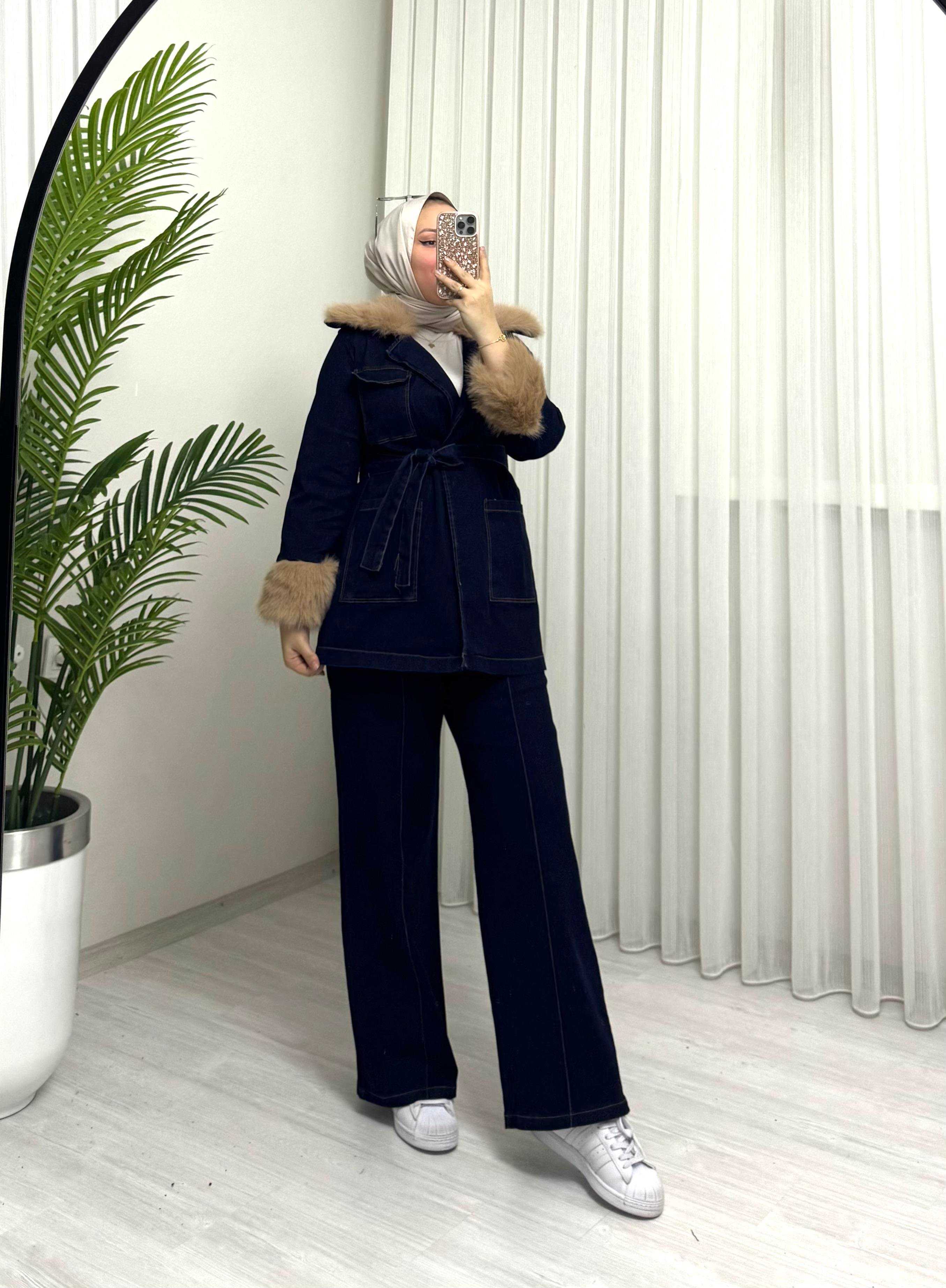 Poli Kürk Detaylı Kot Takım Koyu Kot