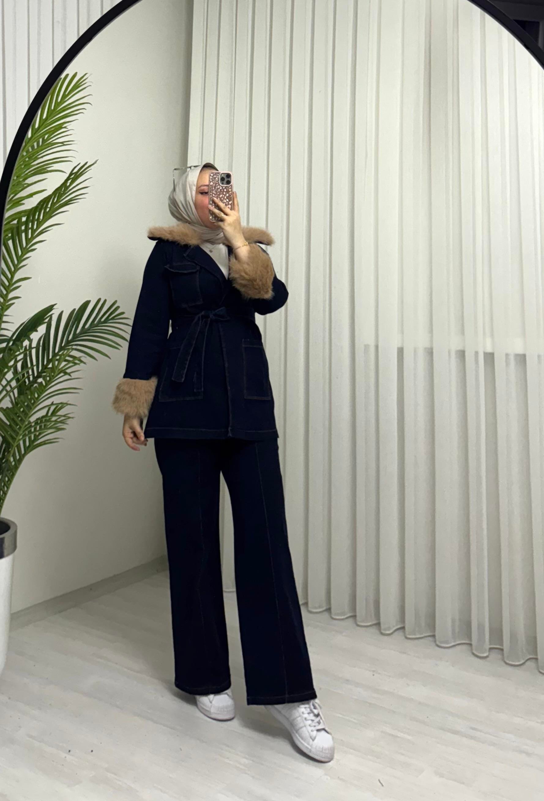 Poli Kürk Detaylı Kot Takım Koyu Kot