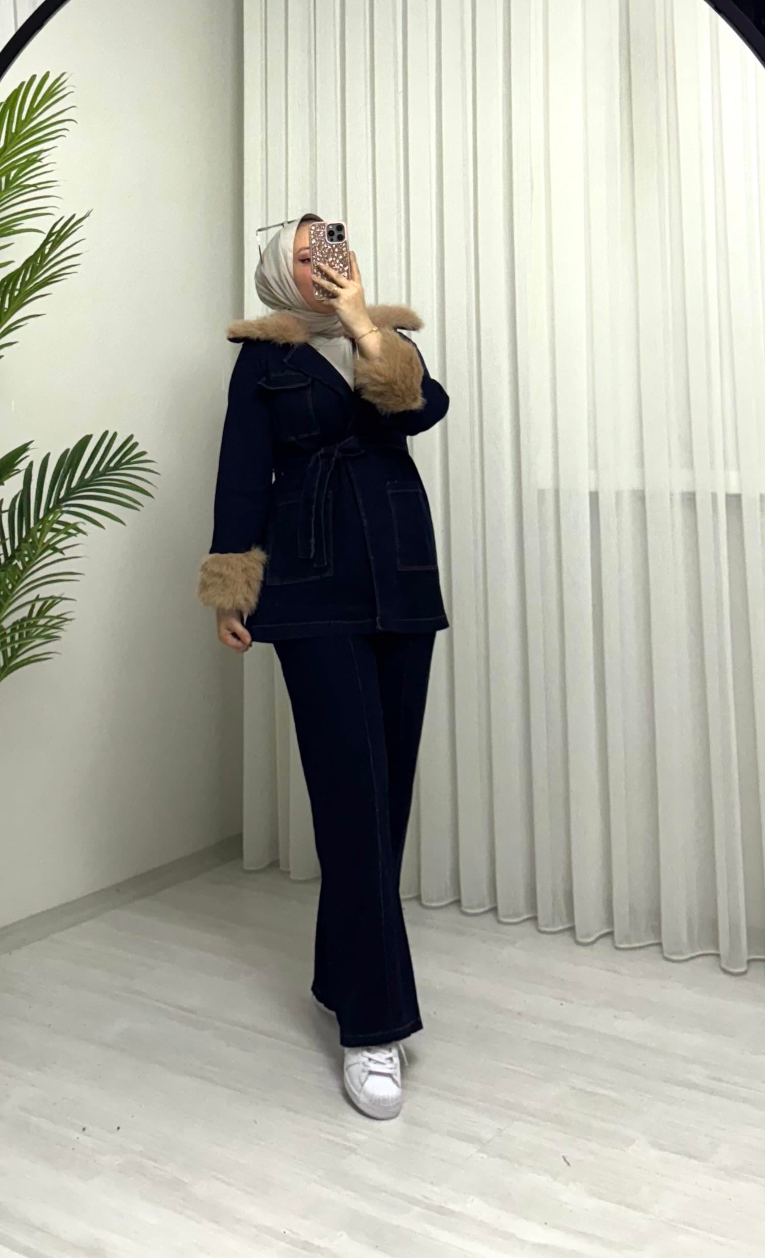 Poli Kürk Detaylı Kot Takım Koyu Kot