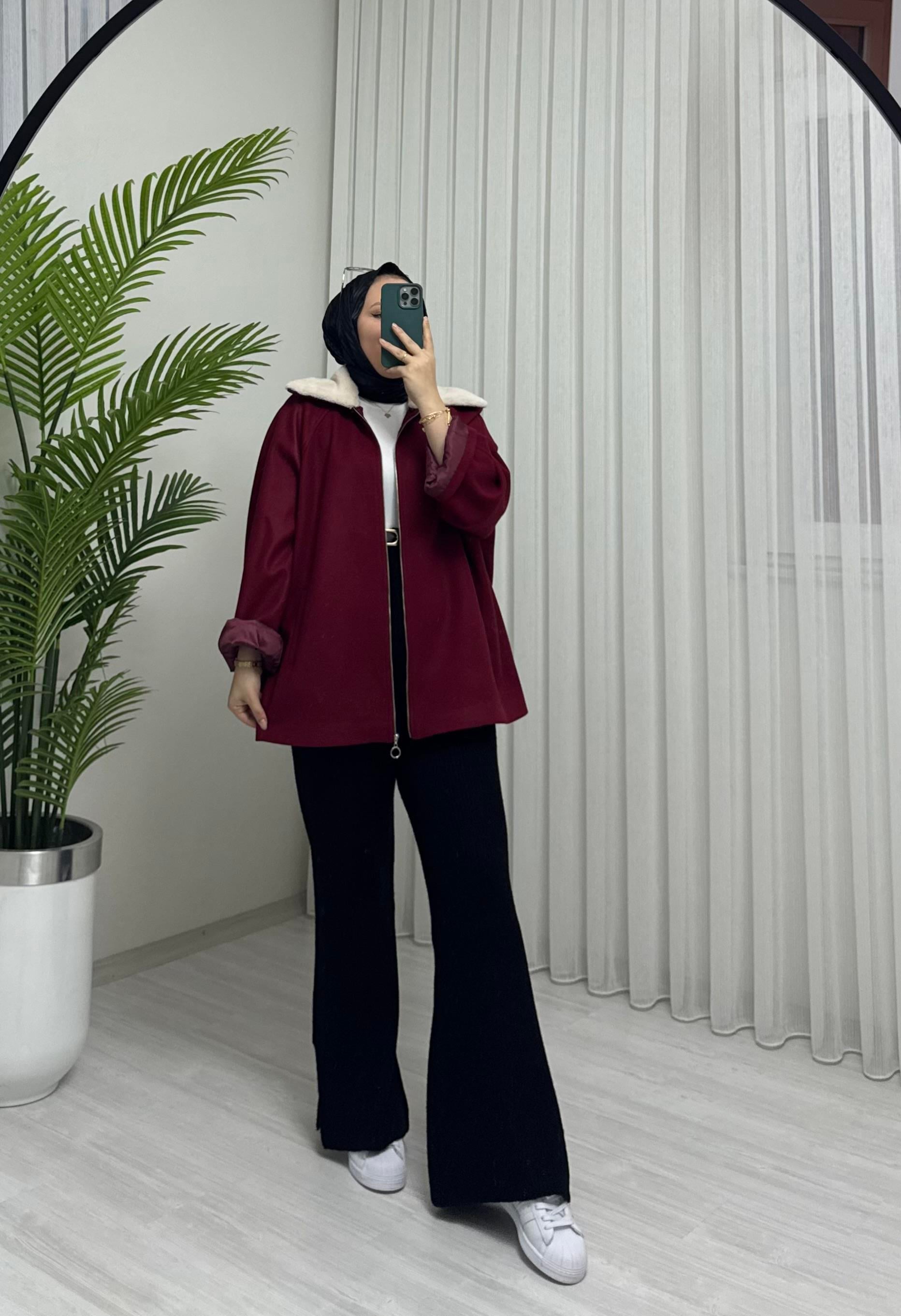 Poli Kürk Yaka Kaşe Kaban-Ceket Bordo
