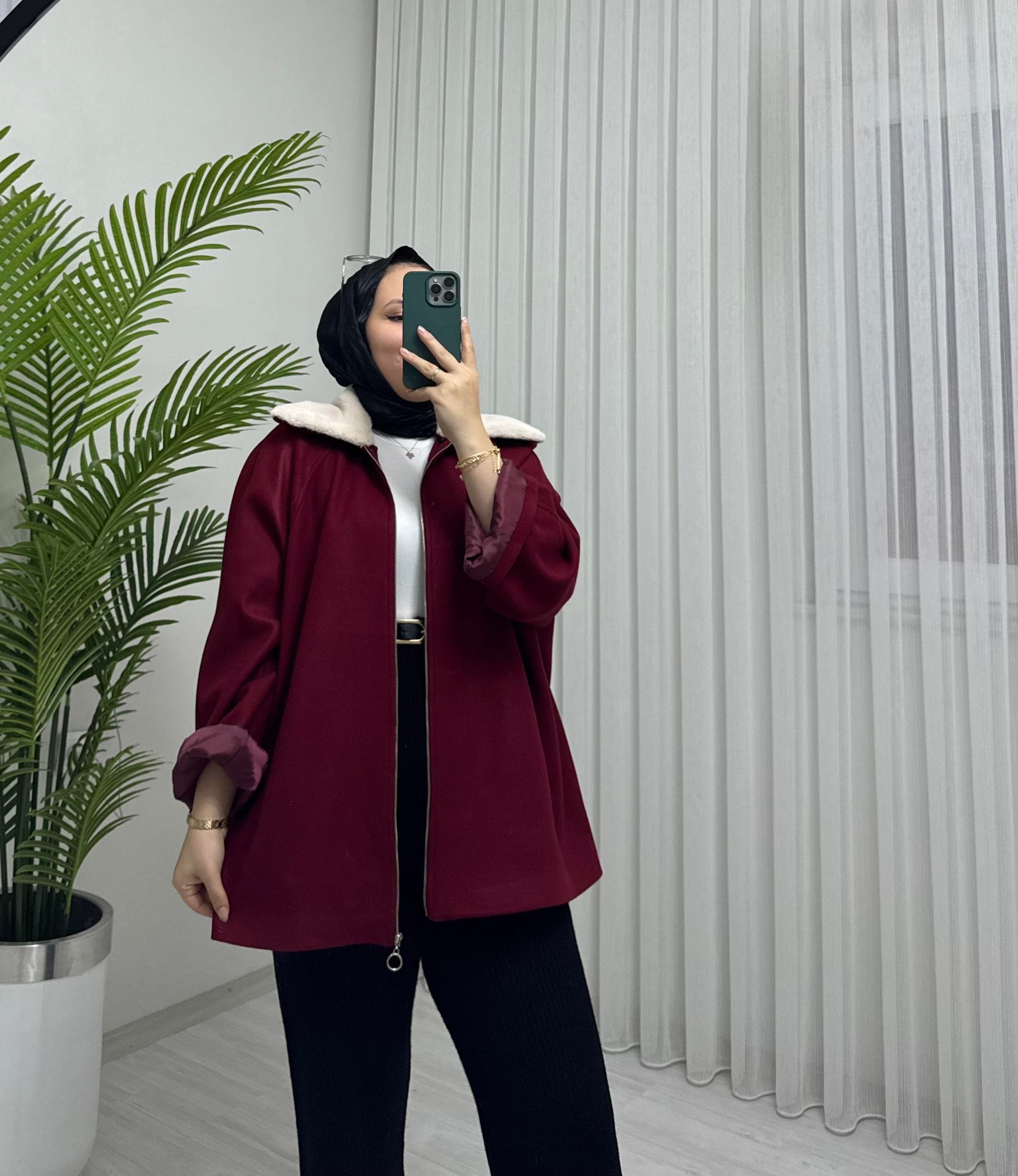 Poli Kürk Yaka Kaşe Kaban-Ceket Bordo