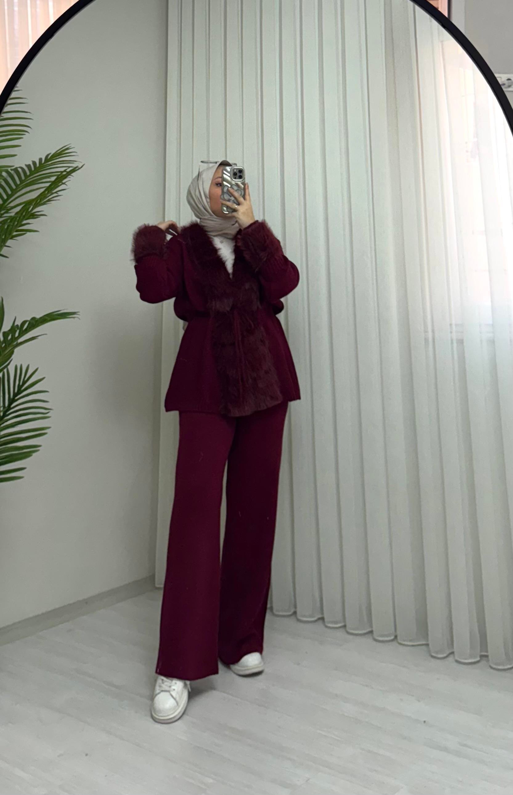 Poli Kürklü Triko Takım Bordo