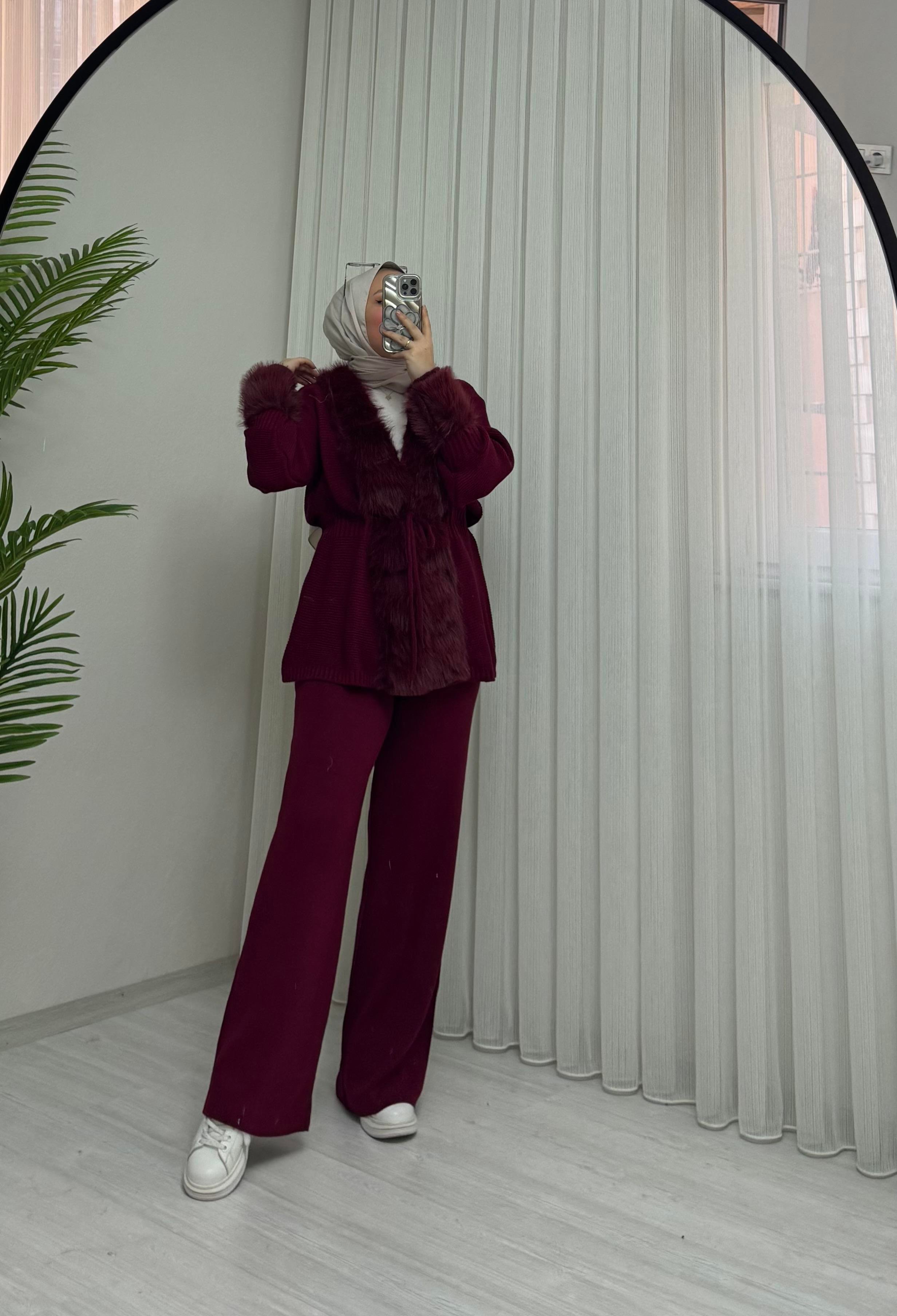 Poli Kürklü Triko Takım Bordo