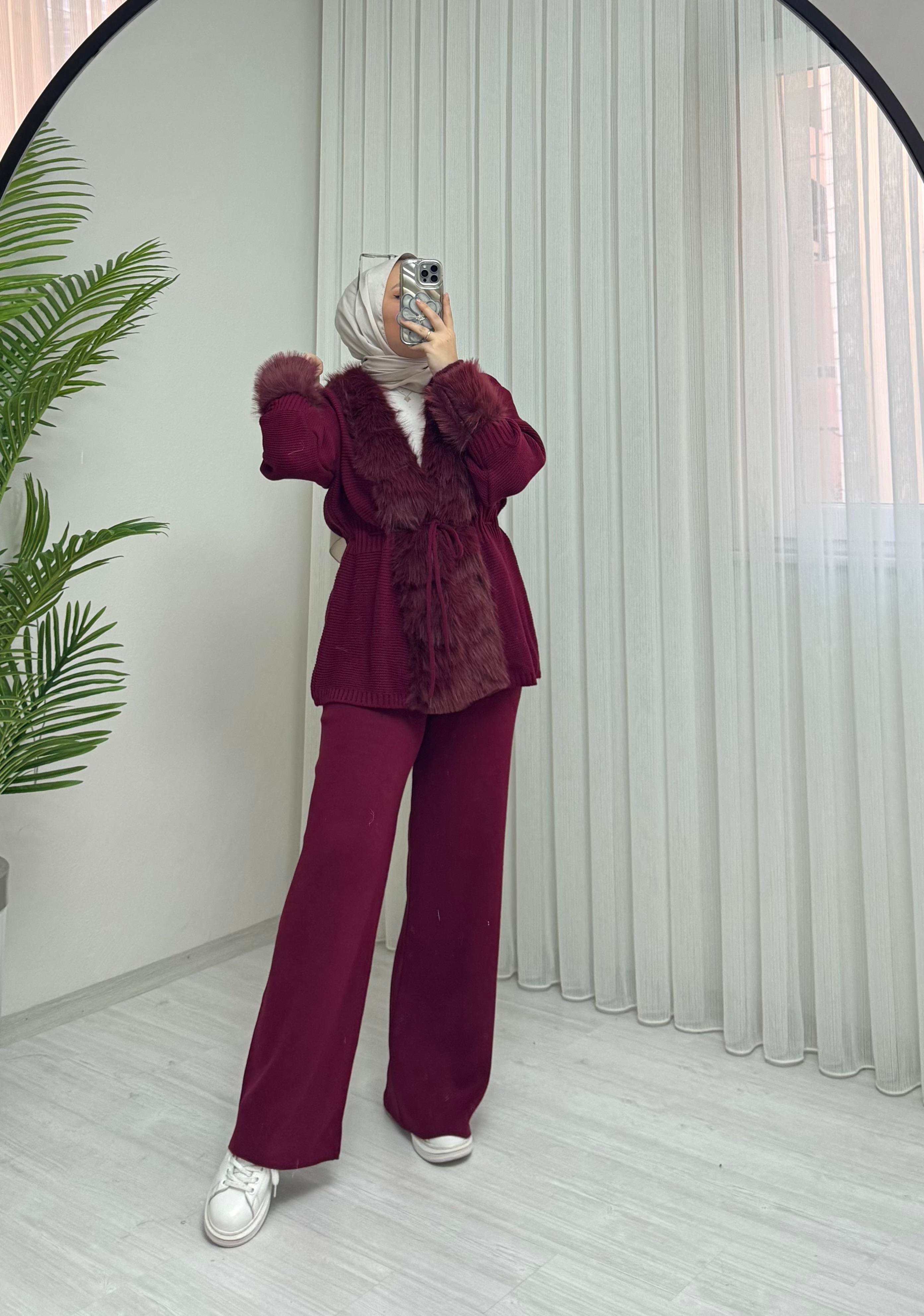Poli Kürklü Triko Takım Bordo