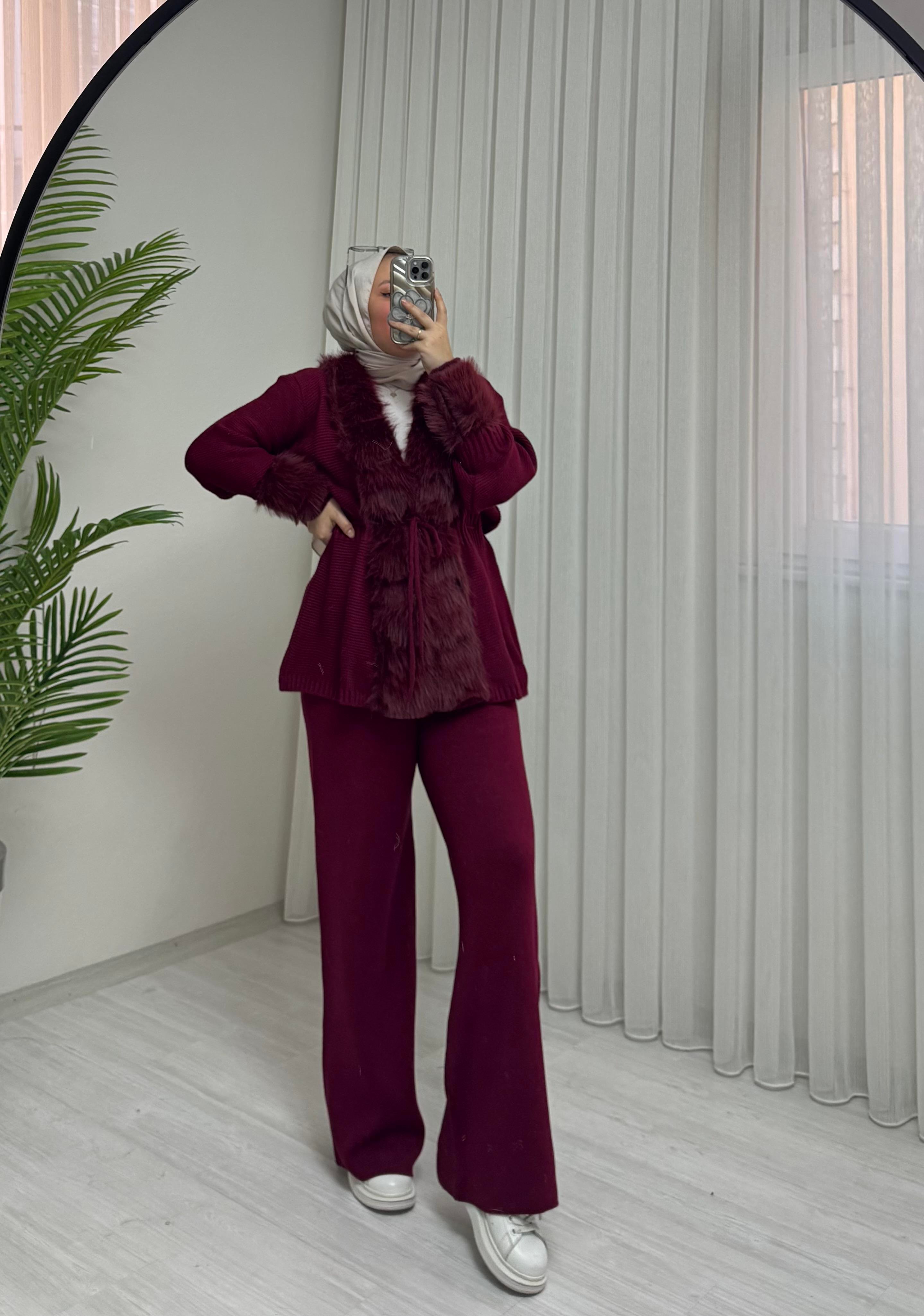 Poli Kürklü Triko Takım Bordo